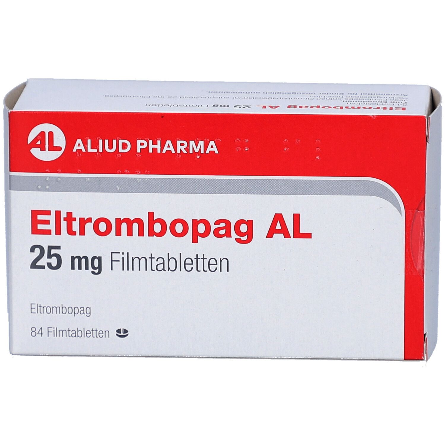 Weiße und rote Schachtel. Aufschrift: Eltrombopag AL 25 mg Filmtabletten. Marke: ALIUD PHARMA.