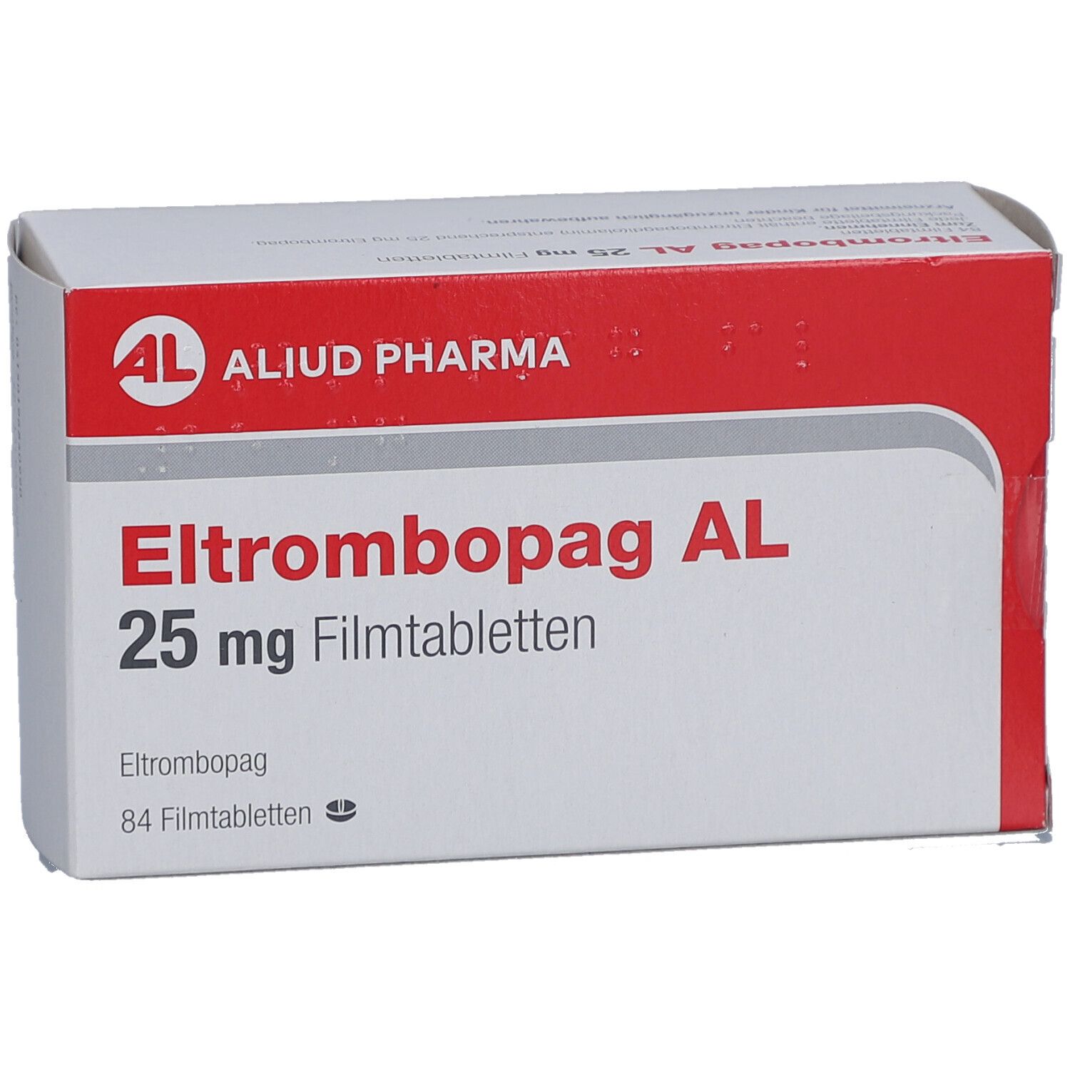 Weiße und rote Schachtel. Aufschrift: Eltrombopag AL 25 mg Filmtabletten. Marke: ALIUD PHARMA.