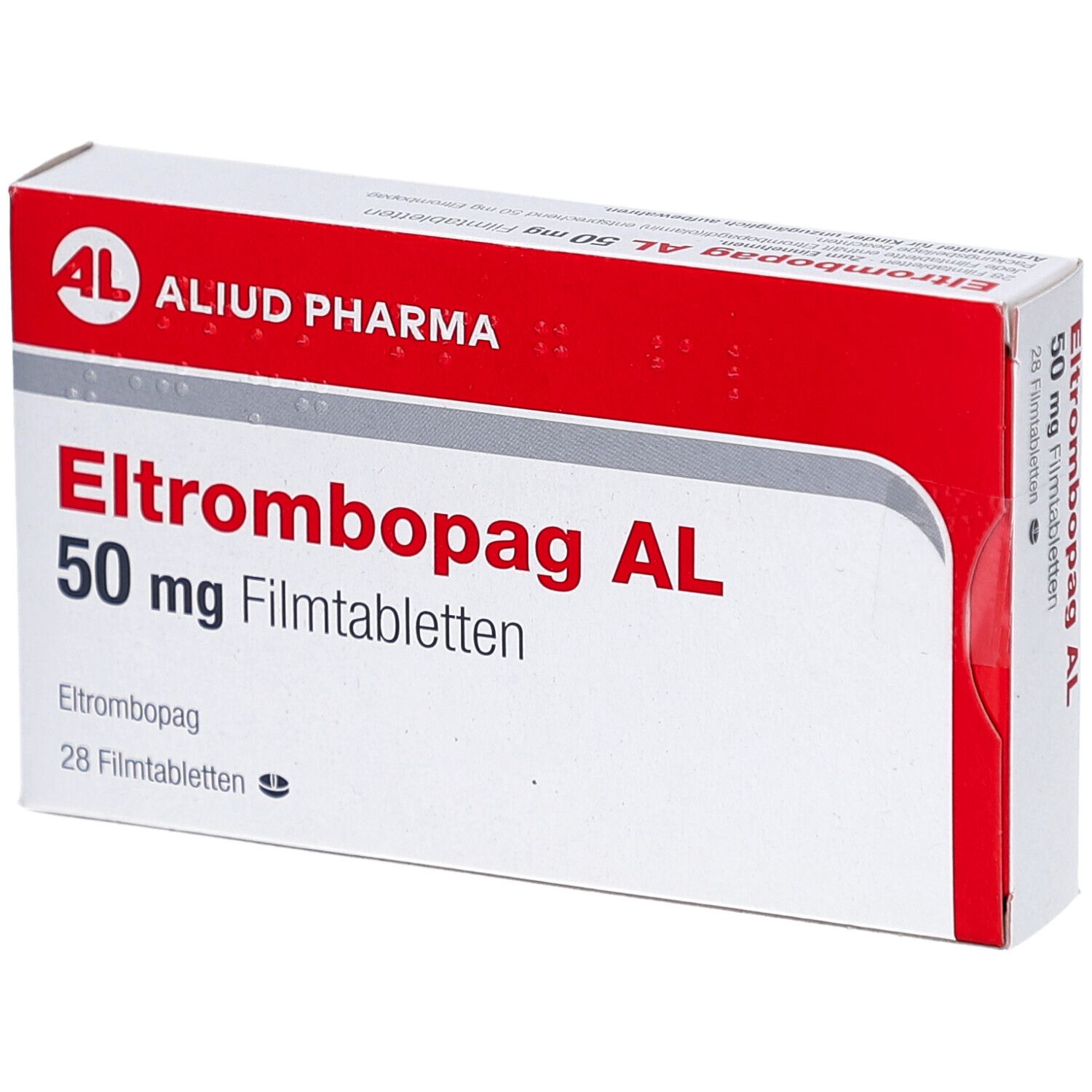 Schachtel mit rotem und weißem Design. Aufschrift: Eltrombopag AL 50 mg Filmtabletten. Marke: AL, Aliud Pharma.
