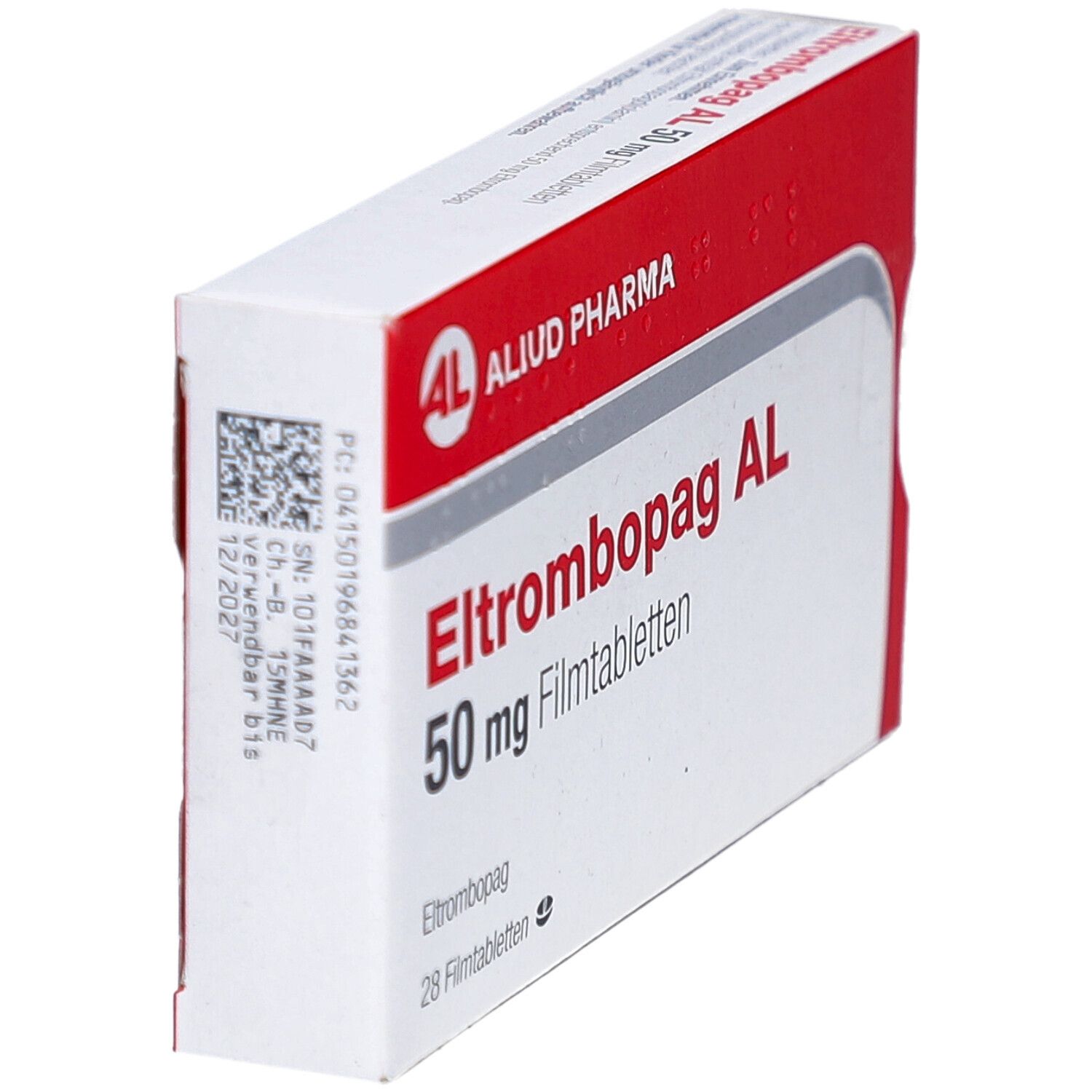 Schachtel, rot und weiß. Aufschrift: Eltrombopag AL 50 mg Filmtabletten. Marke: AL, Aliud Pharma. QR-Code und Chargennummer.