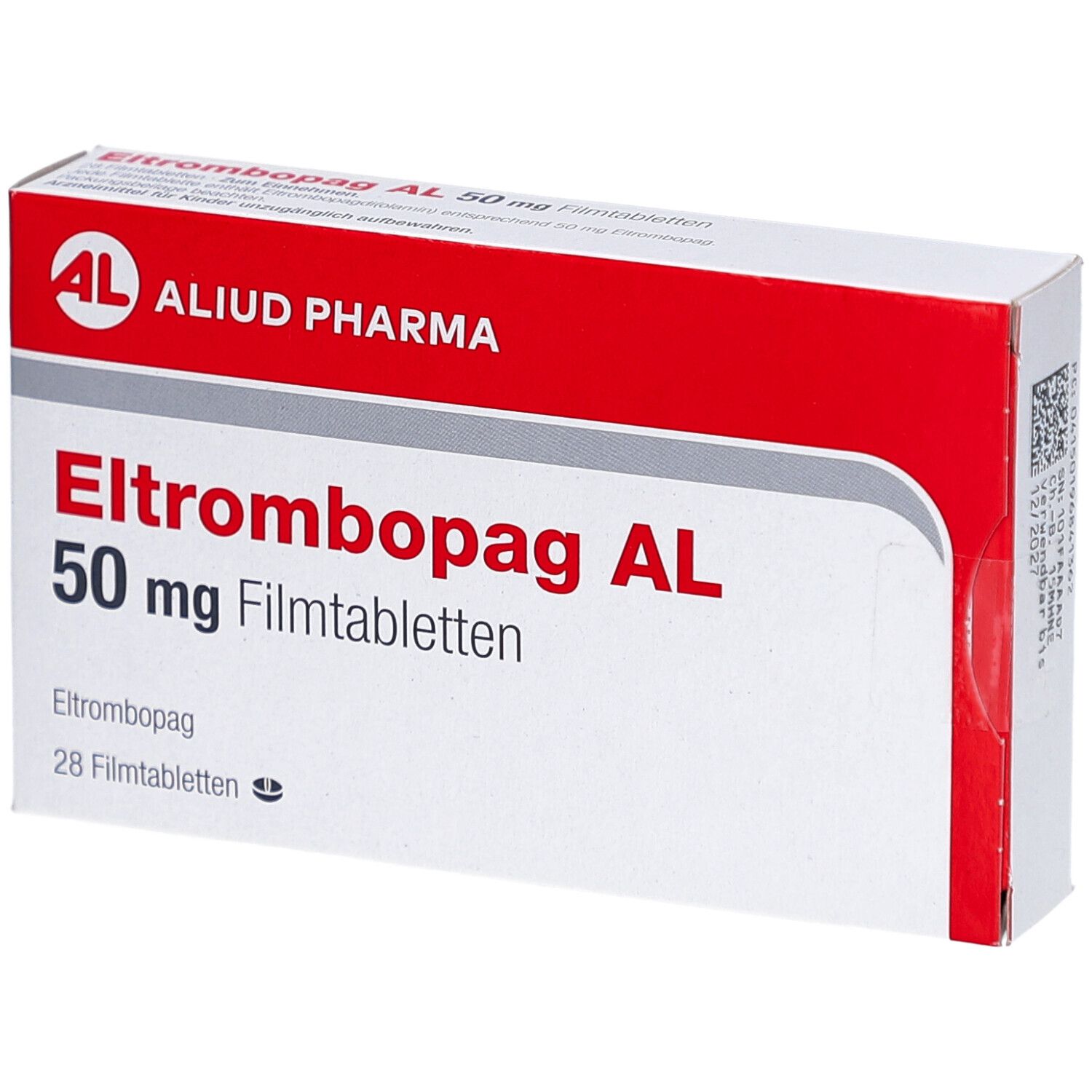 Schachtel, rot und weiß. Aufschrift: Eltrombopag AL 50 mg Filmtabletten. Marke: AL, Aliud Pharma. 28 Filmtabletten.