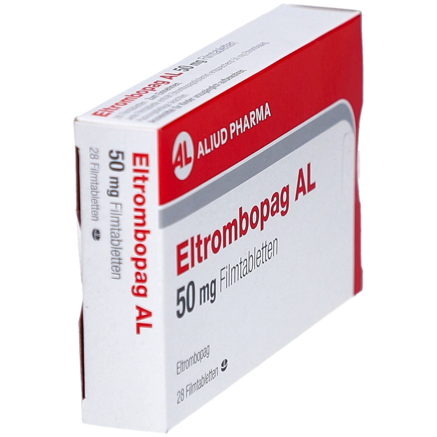 Schachtel, rot und weiß. Aufschrift: Eltrombopag AL 50 mg Filmtabletten. Marke: AL, Aliud Pharma. 28 Filmtabletten.