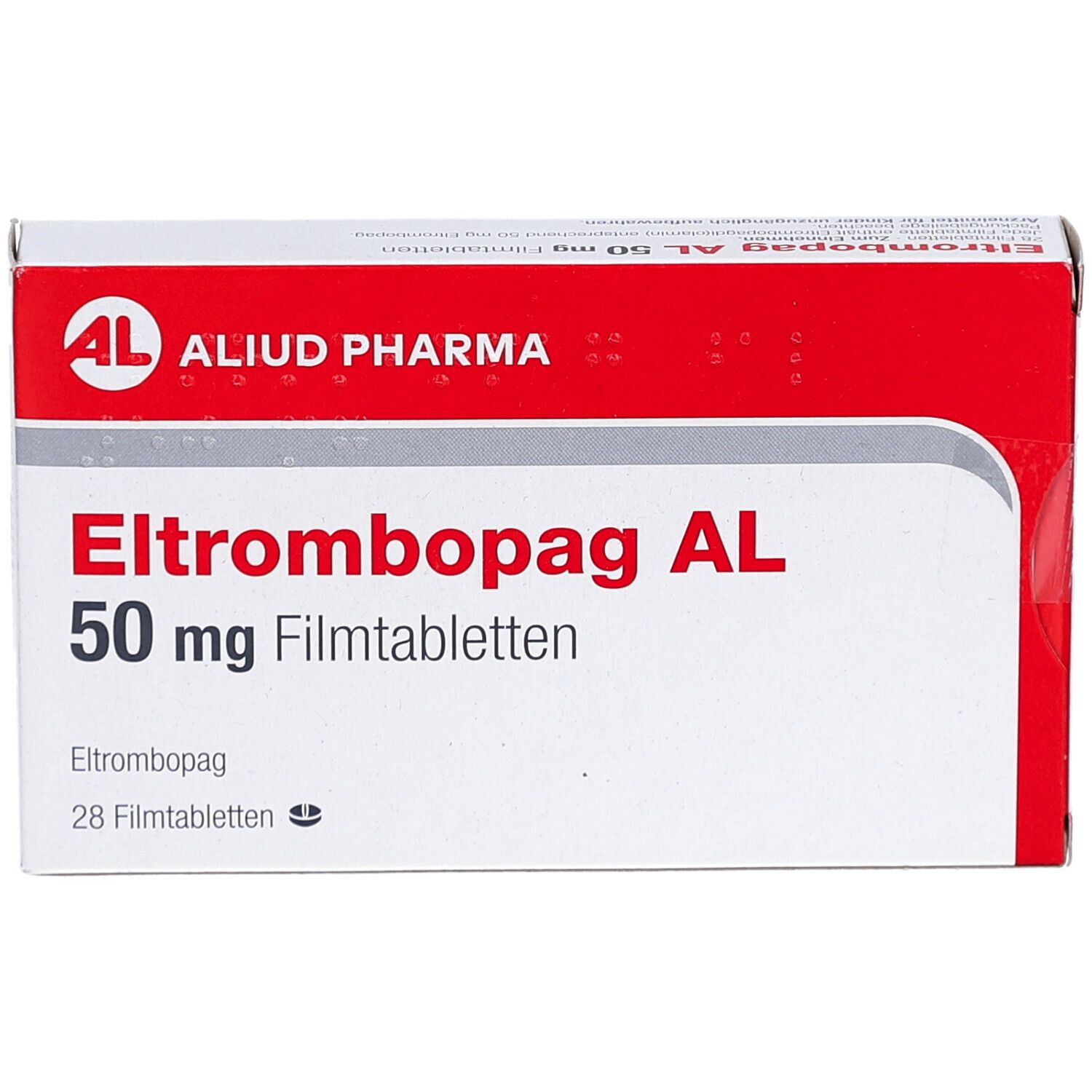 Schachtel, rot und weiß. Aufschrift: Eltrombopag AL 50 mg Filmtabletten. Marke: AL, Aliud Pharma. 28 Filmtabletten.