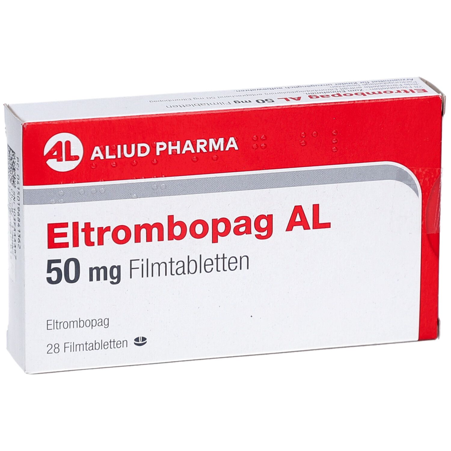 Schachtel, rot und weiß. Aufschrift: Eltrombopag AL 50 mg Filmtabletten. Marke: AL, Aliud Pharma. 28 Filmtabletten.