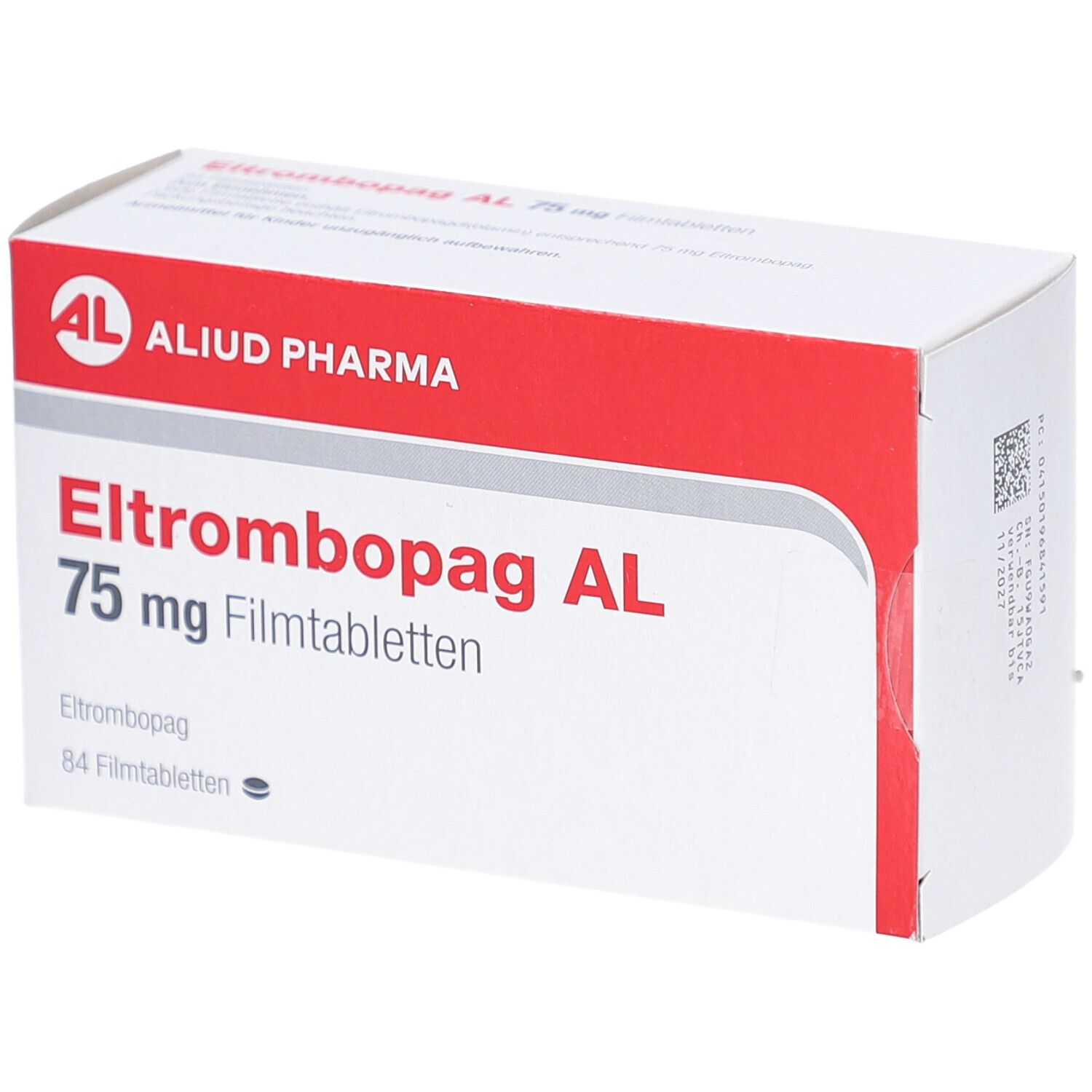 Verpackung von Eltrombopag AL 75 mg Filmtabletten. Rote und weiße Schachtel mit Produktnamen und Logo von Aliud Pharma.