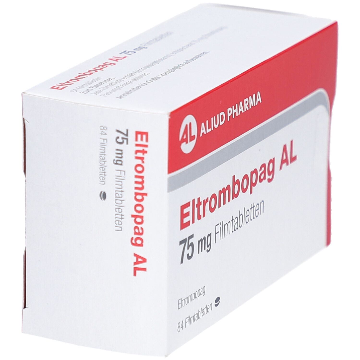 Schachtel von Eltrombopag AL 75 mg Filmtabletten. Rote und weiße Verpackung mit Produktnamen und Logo von Aliud Pharma.