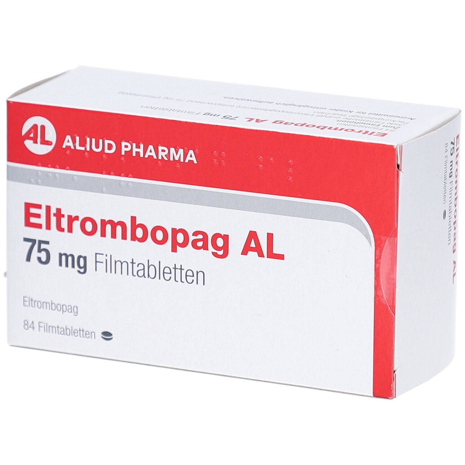 Verpackung von Eltrombopag AL 75 mg Filmtabletten. Rote und weiße Schachtel mit Produktnamen und Logo von Aliud Pharma.