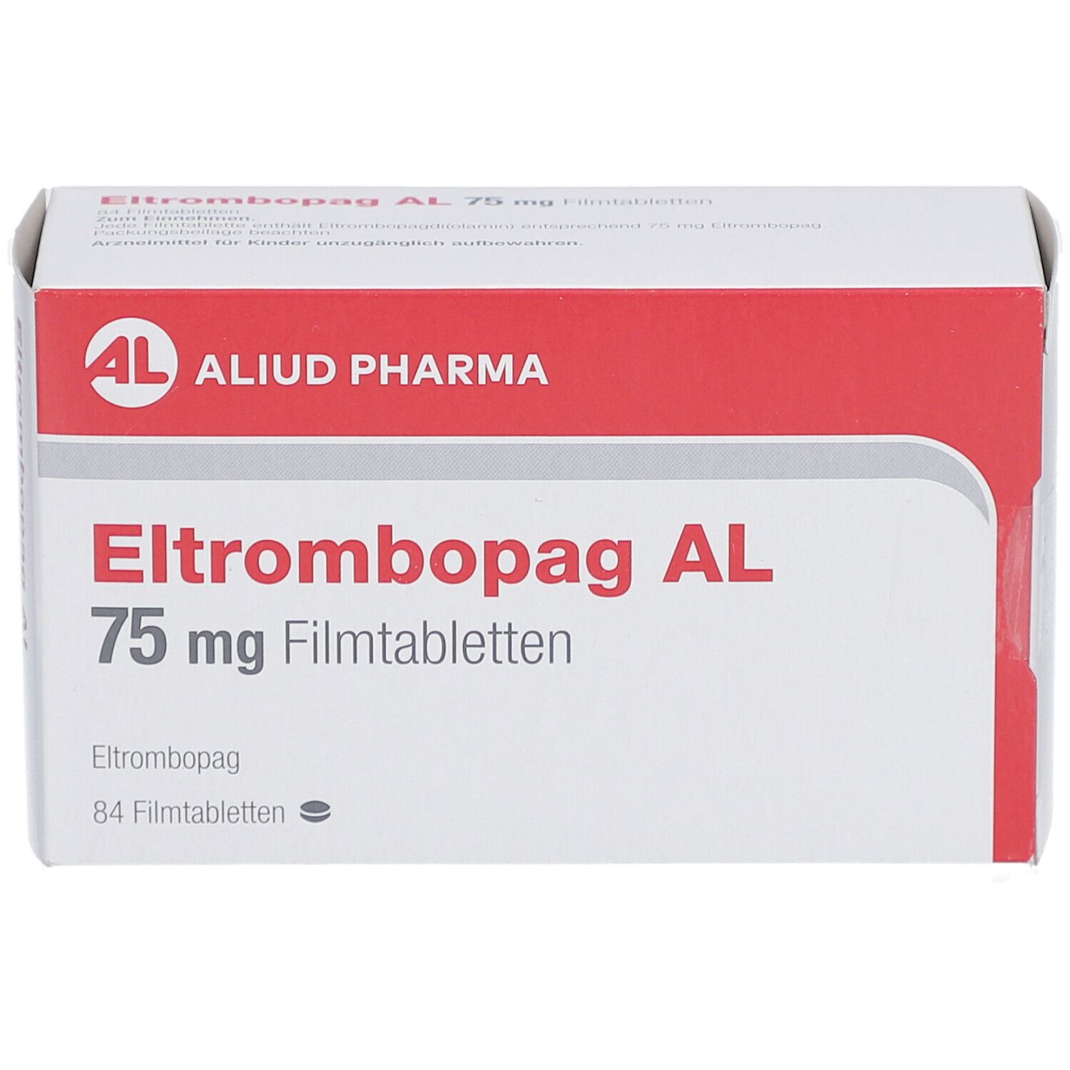 Verpackung von Eltrombopag AL 75 mg Filmtabletten. Rote und weiße Schachtel mit Produktnamen und Logo von Aliud Pharma.