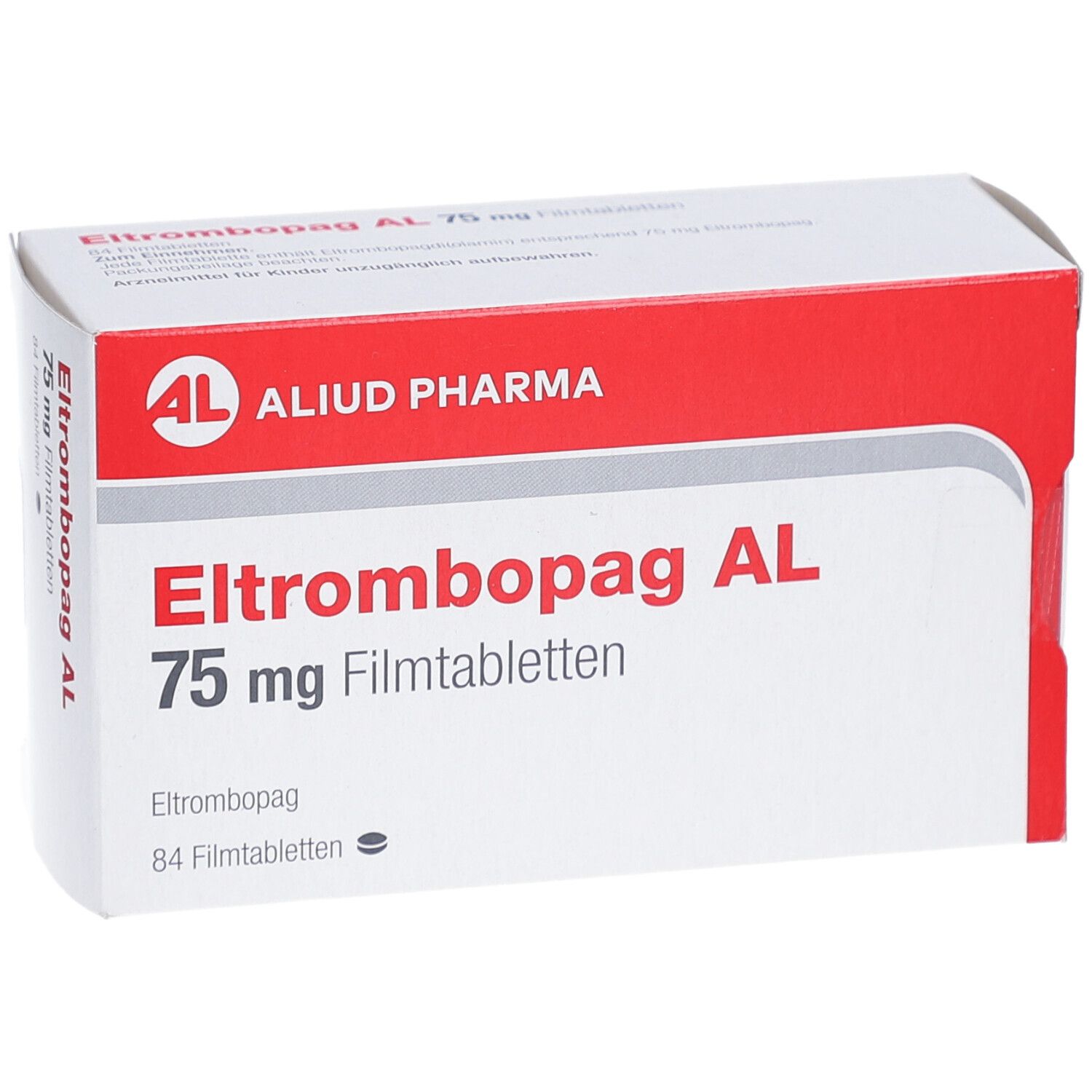 Verpackung von Eltrombopag AL 75 mg Filmtabletten. Rote und weiße Schachtel mit Produktnamen und Logo von Aliud Pharma.