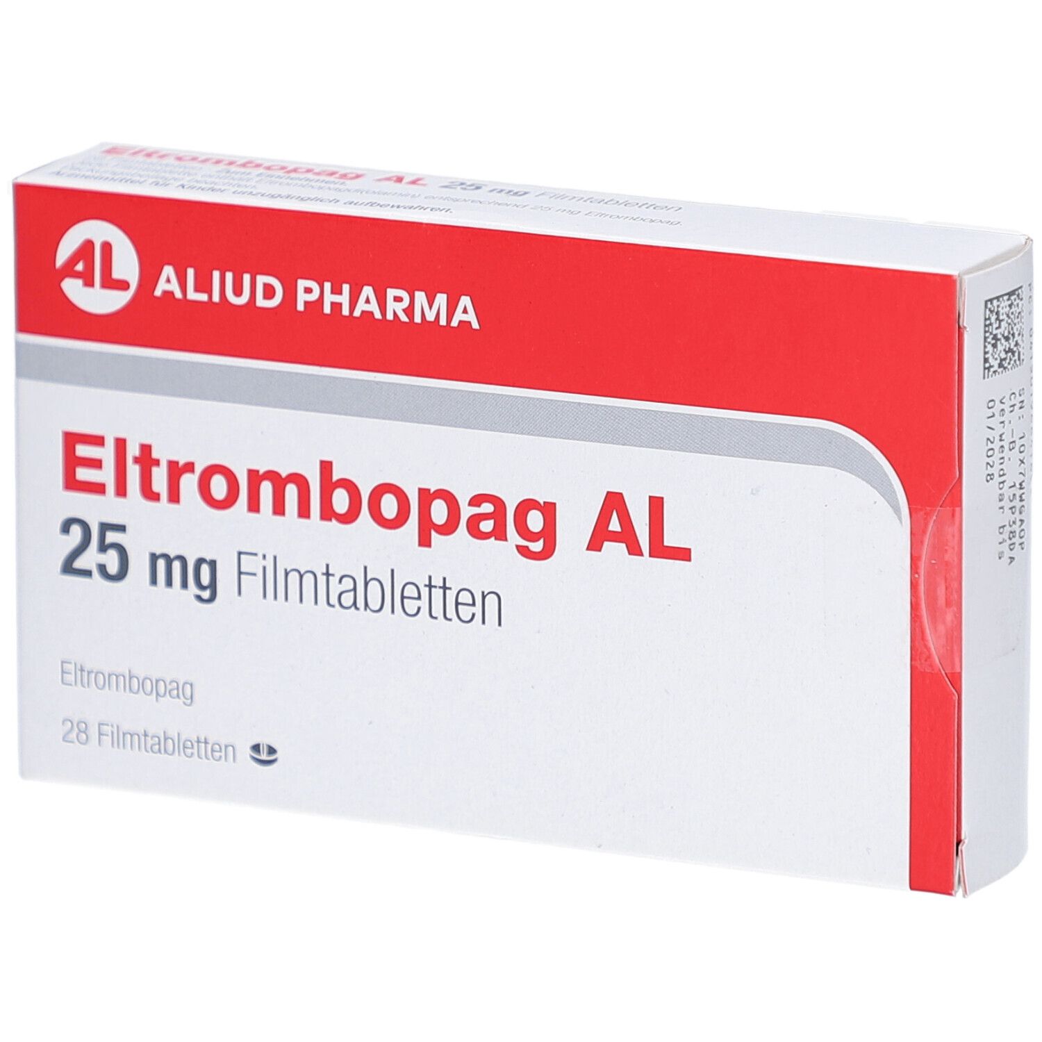 Schachtel mit ELTROMBOPAG AL 25 mg Filmtabletten. Rote und weiße Verpackung mit Produktnamen und Logo.