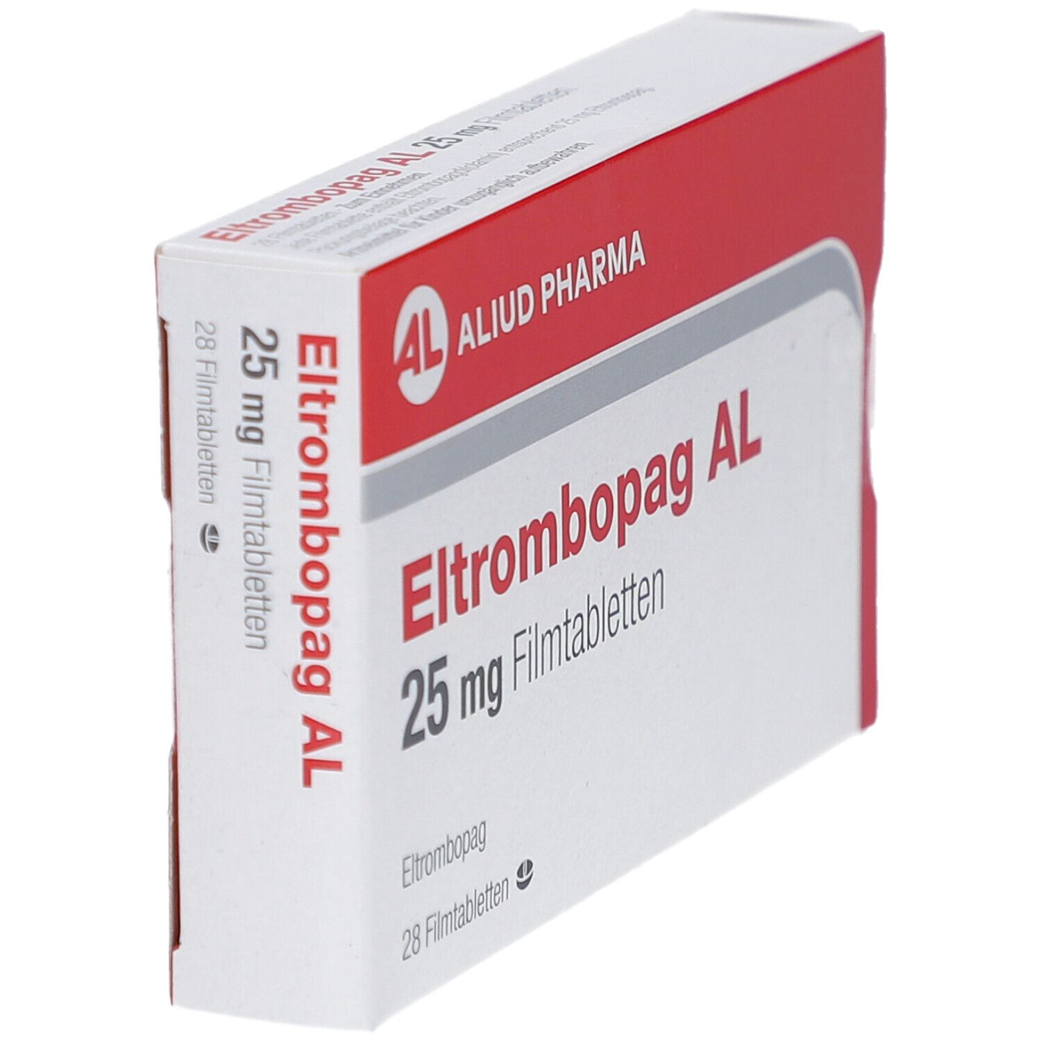 Schachtel ELTROMBOPAG AL 25 mg Filmtabletten, schräg. Rote und weiße Verpackung mit Produktnamen und Logo.