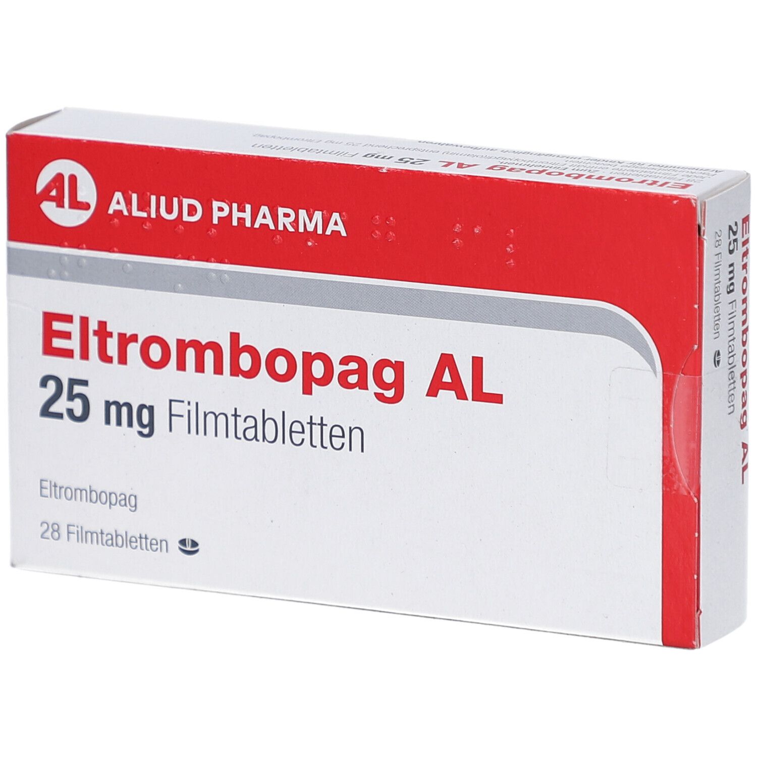 Schachtel mit ELTROMBOPAG AL 25 mg Filmtabletten. Rote und weiße Verpackung mit Produktnamen und Logo.
