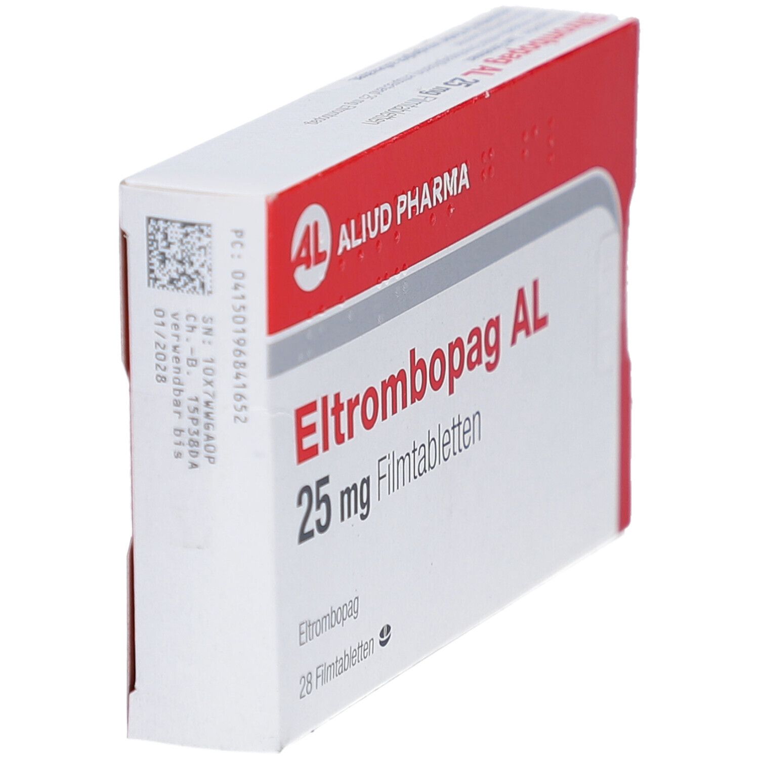 Schachtel ELTROMBOPAG AL 25 mg Filmtabletten, schräg. Rote und weiße Verpackung mit Produktnamen und Logo.