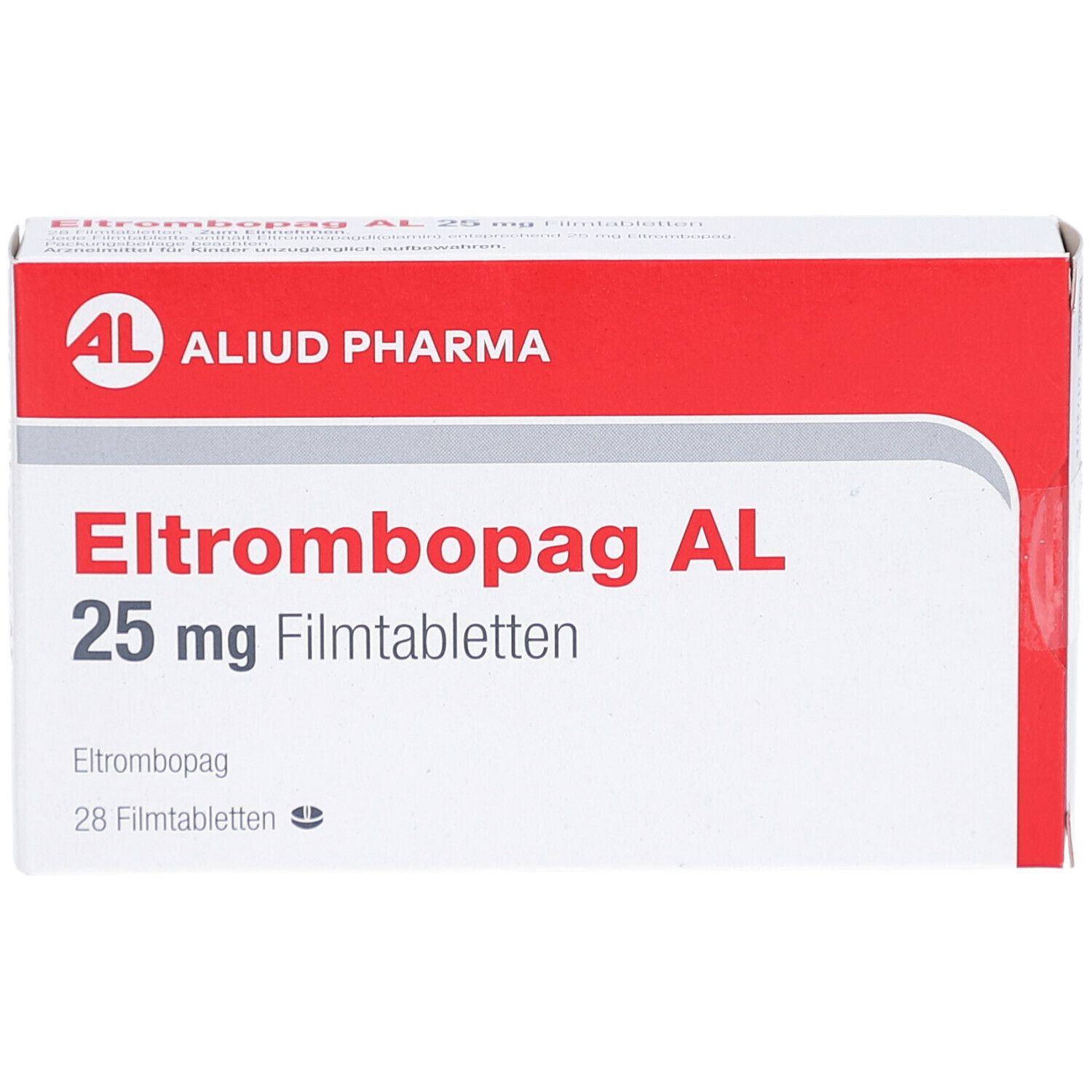 Schachtel mit ELTROMBOPAG AL 25 mg Filmtabletten. Rote und weiße Verpackung mit Produktnamen und Logo.