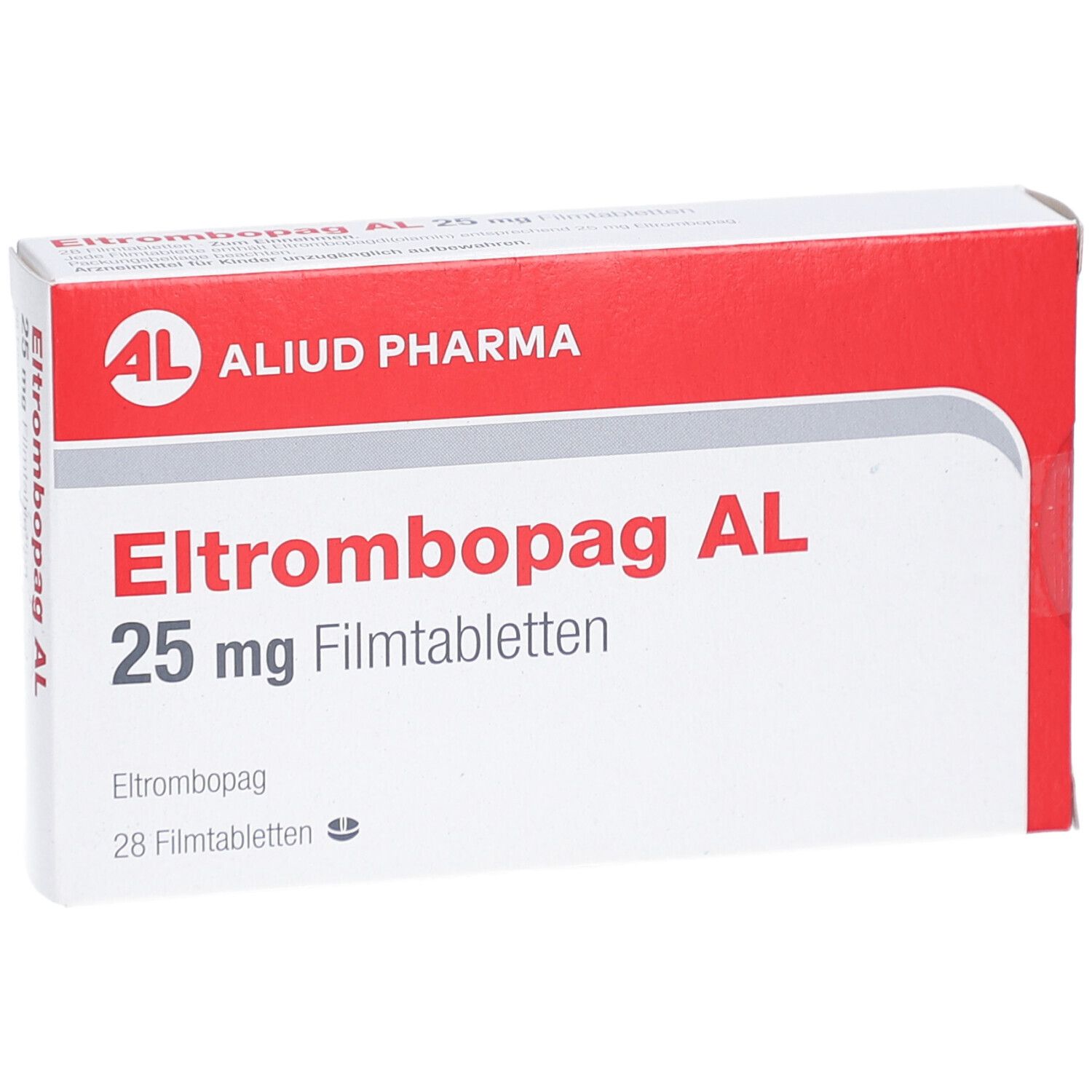 Schachtel mit ELTROMBOPAG AL 25 mg Filmtabletten. Rote und weiße Verpackung mit Produktnamen und Logo.