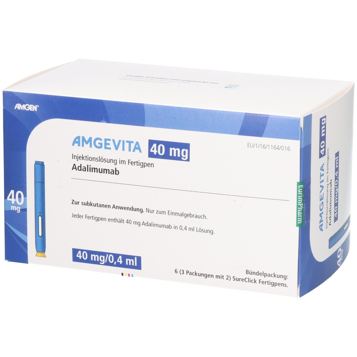 AMGEVITA 40 mg Fertigpen-Packung mit blauem Injektionsstift und Produktinformationen.