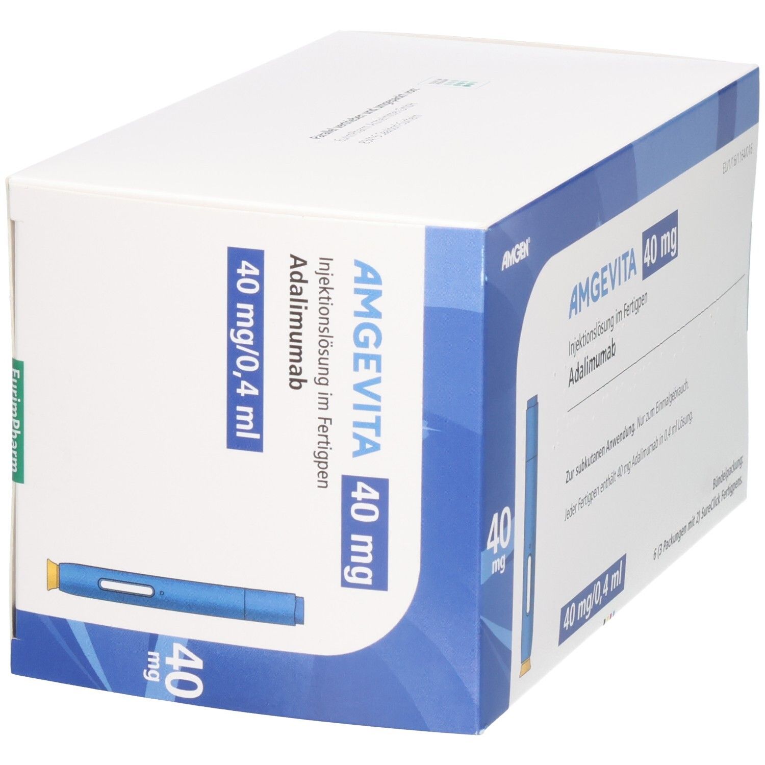 AMGEVITA 40 mg Fertigpen-Packung, Seitenansicht mit blauem Injektionsstift und Produktinformationen.