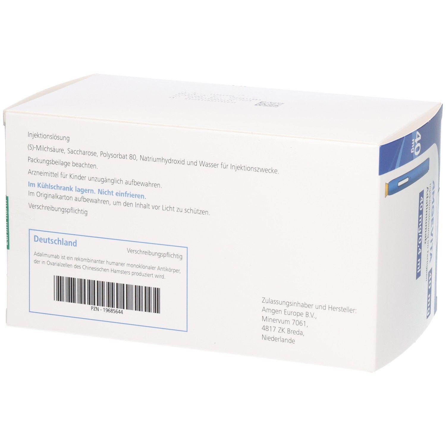 Rückseite der AMGEVITA 40 mg Fertigpen-Packung mit Anwendungshinweisen und Herstellerinformationen.