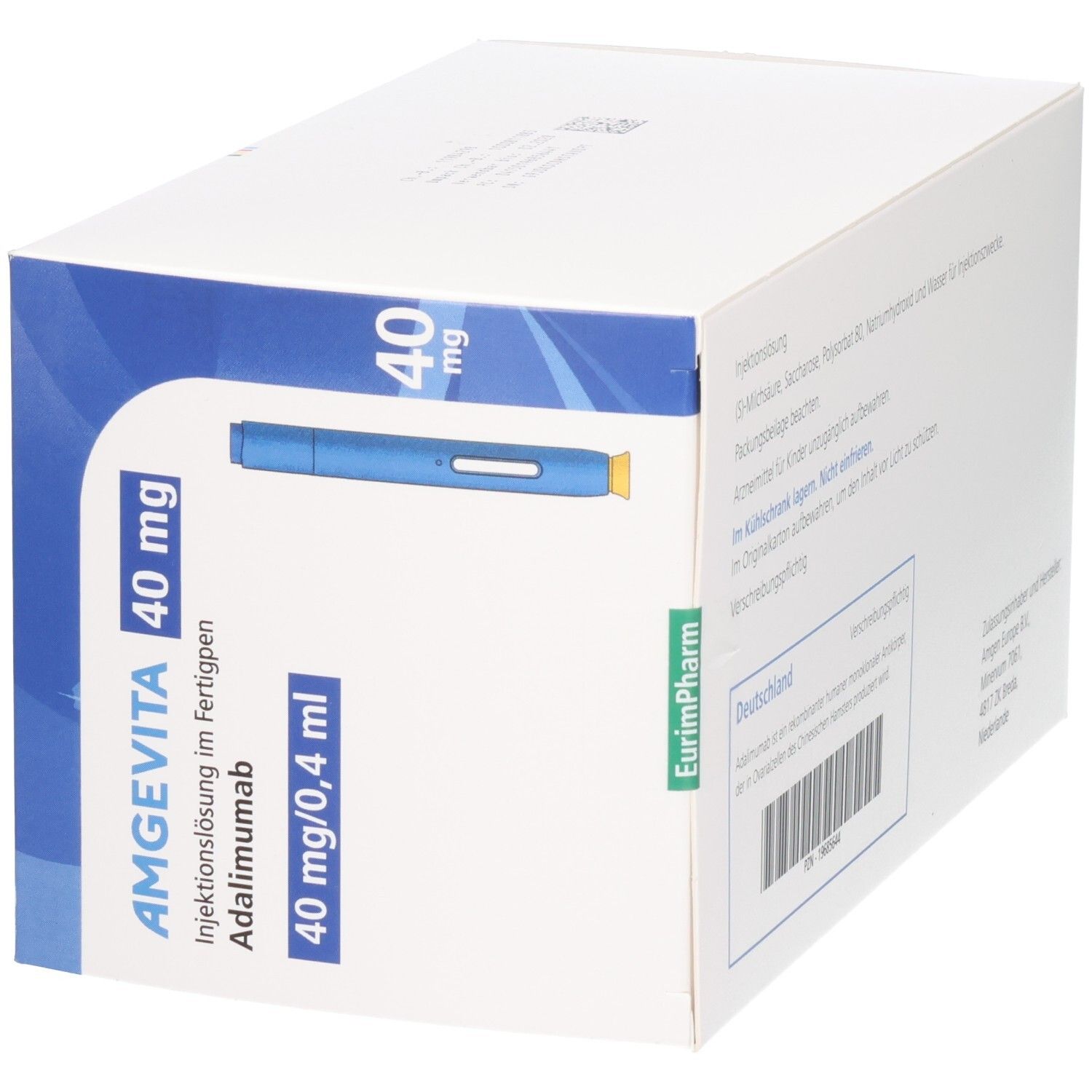 AMGEVITA 40 mg Fertigpen-Packung, schräge Ansicht mit blauem Injektionsstift und Produktinformationen.
