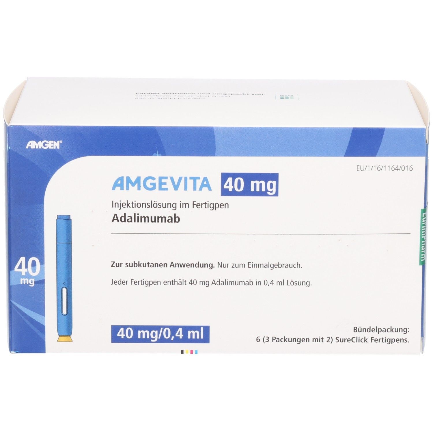 AMGEVITA 40 mg Fertigpen-Packung mit blauem Injektionsstift und Produktinformationen.