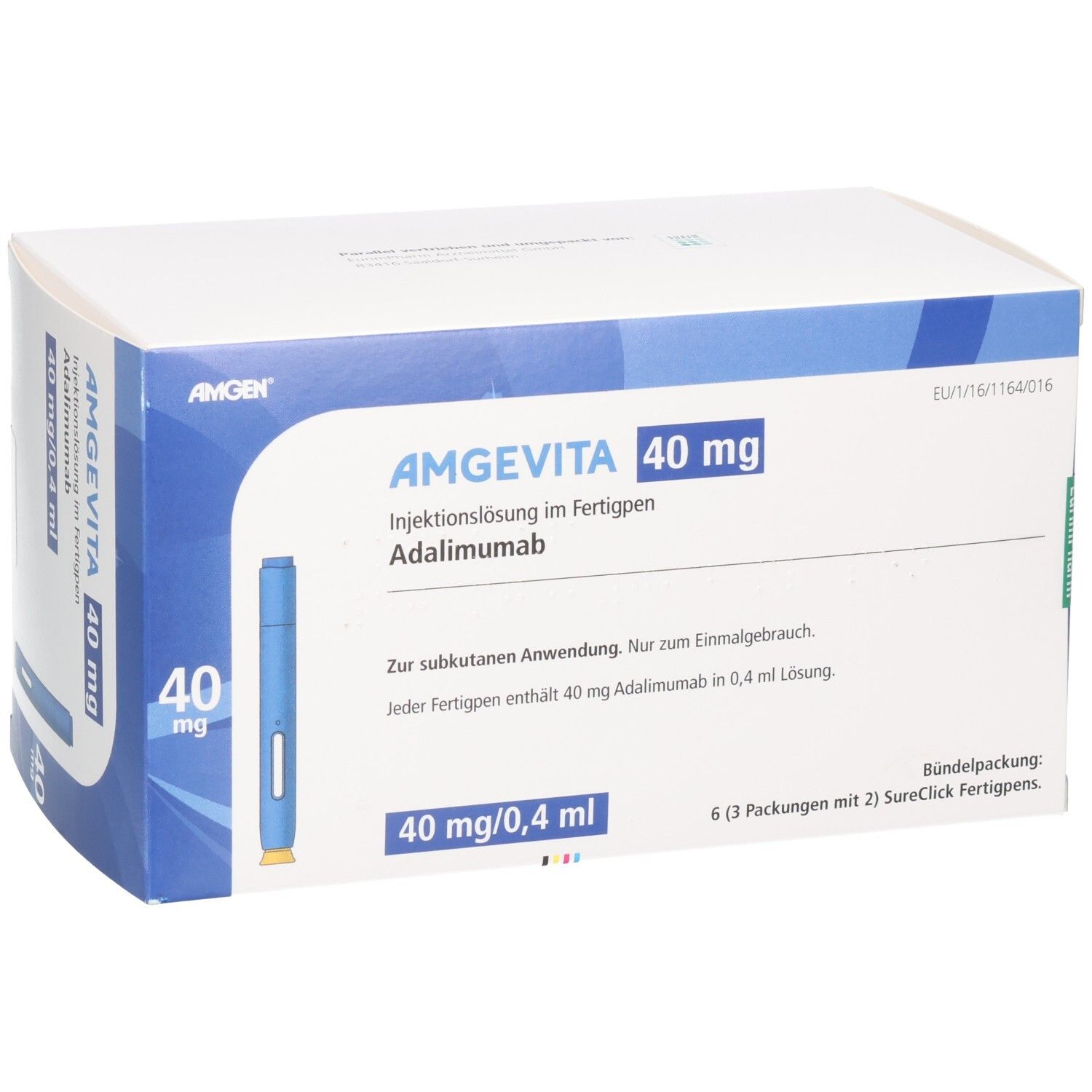 AMGEVITA 40 mg Fertigpen-Packung, schräge Ansicht mit blauem Injektionsstift und Produktinformationen.