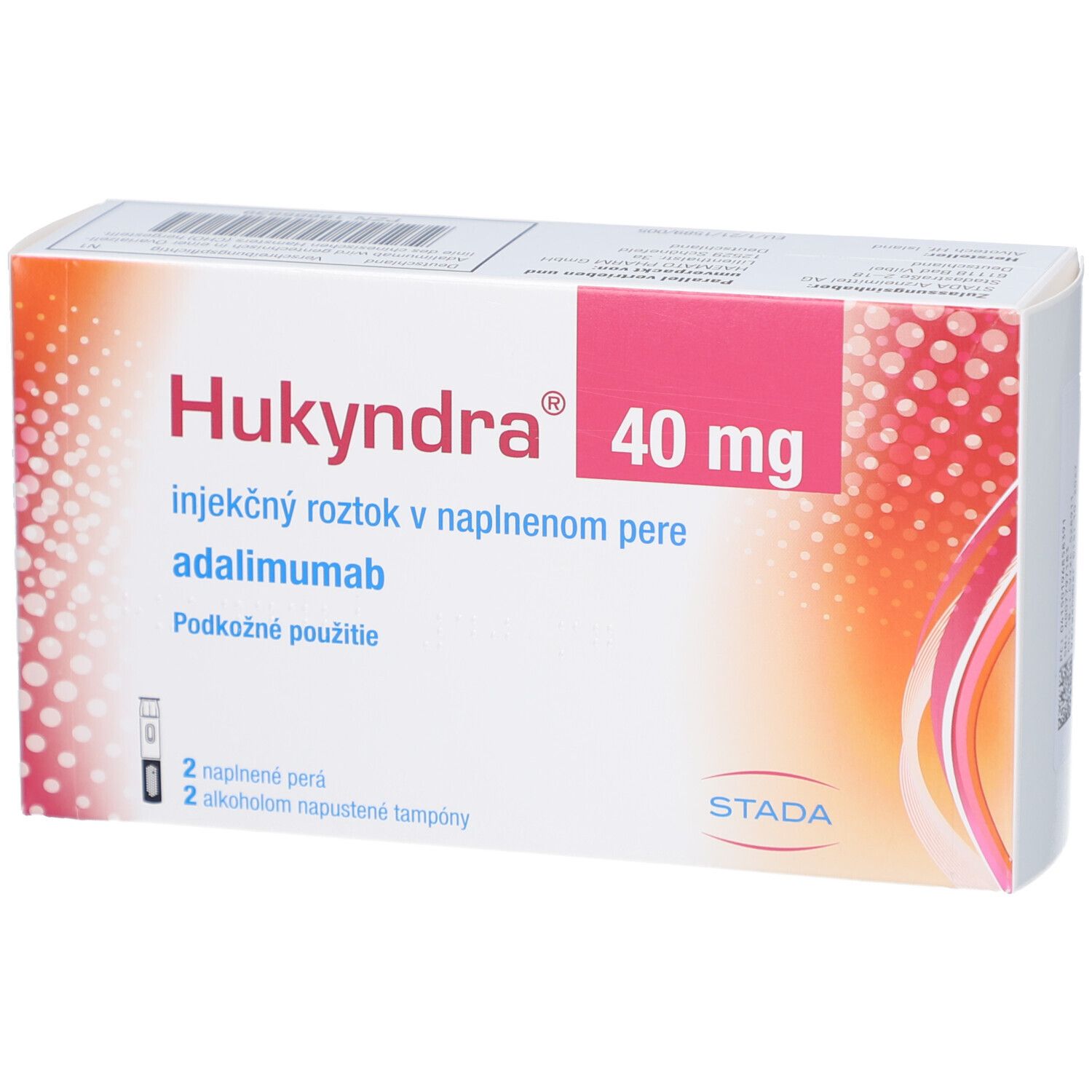 Verpackung von Hukyndra 40 mg. Enthält zwei Fertigpens und Alkoholtupfer. Rosa und weiße Farbgebung mit Produktnamen.