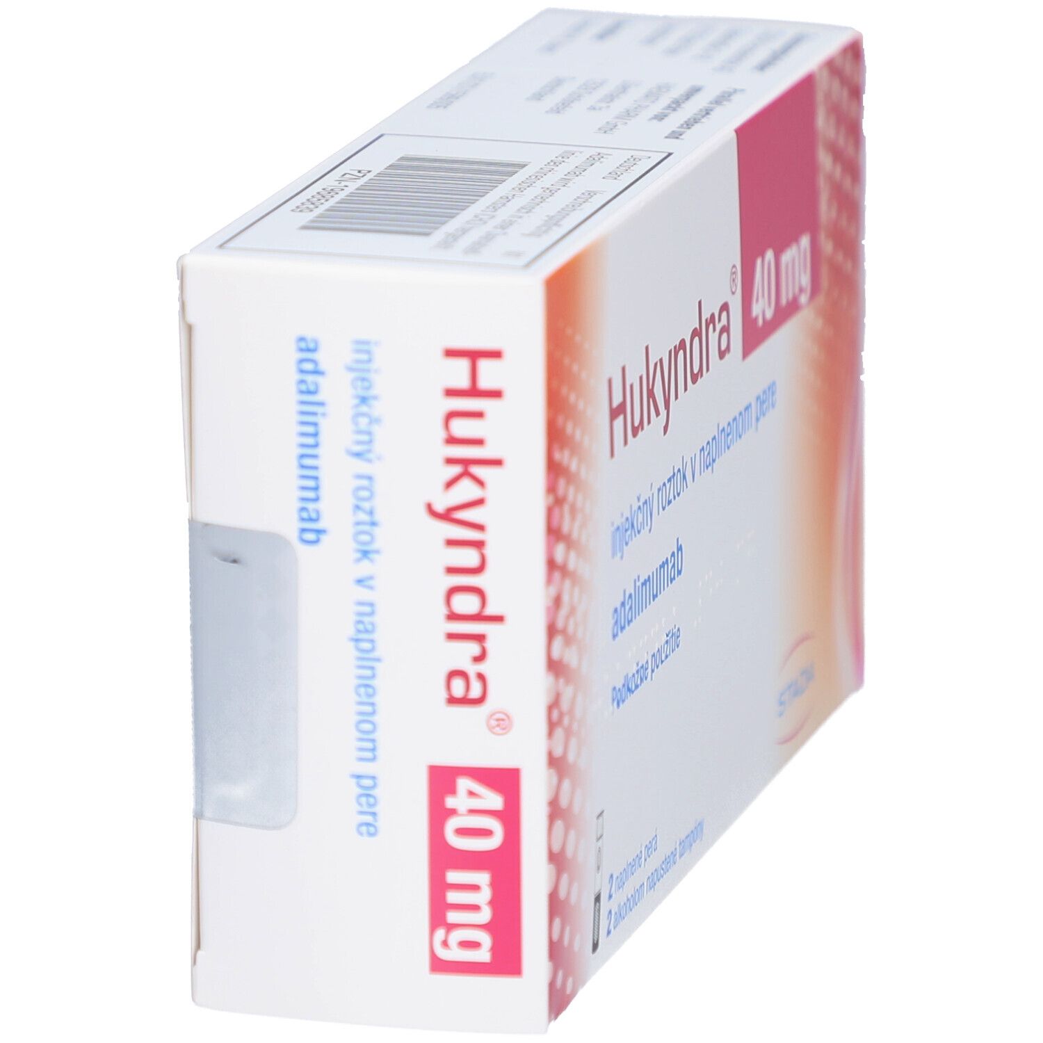 Seitenansicht der Hukyndra 40 mg Verpackung. Produktname und Dosierung deutlich sichtbar. Weiß mit rosa Akzenten.