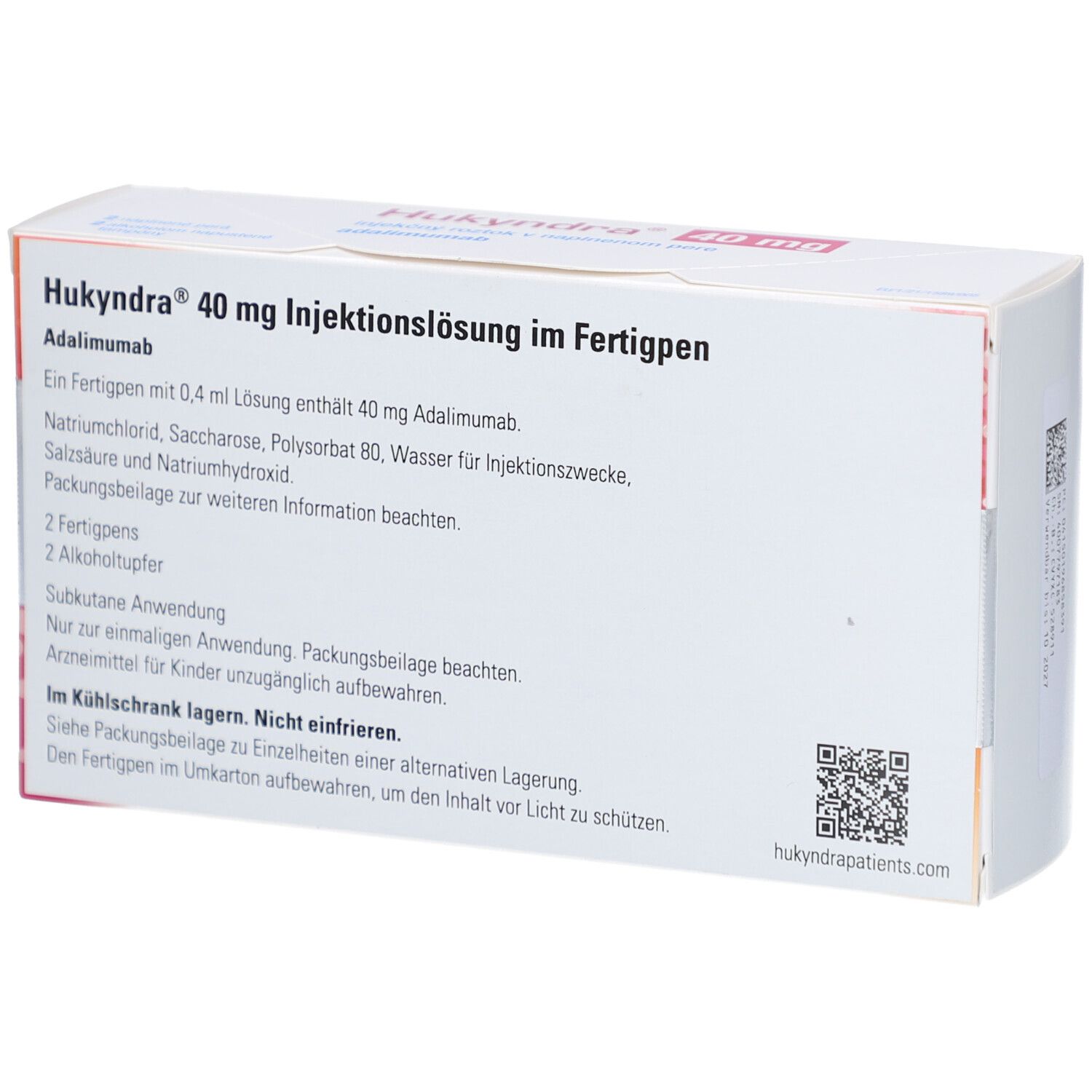 Rückseite der Hukyndra 40 mg Verpackung. Textinformationen und QR-Code. Weiß mit Produktnamen und rosa Akzenten.