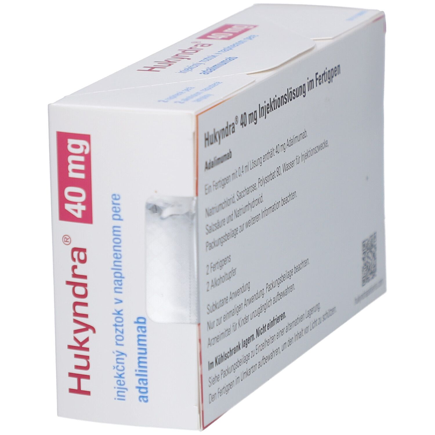 Hukyndra 40 mg Verpackung, schräge Ansicht. Weiß mit rosa Akzenten. Text: Hukyndra, 40 mg, adalimumab.