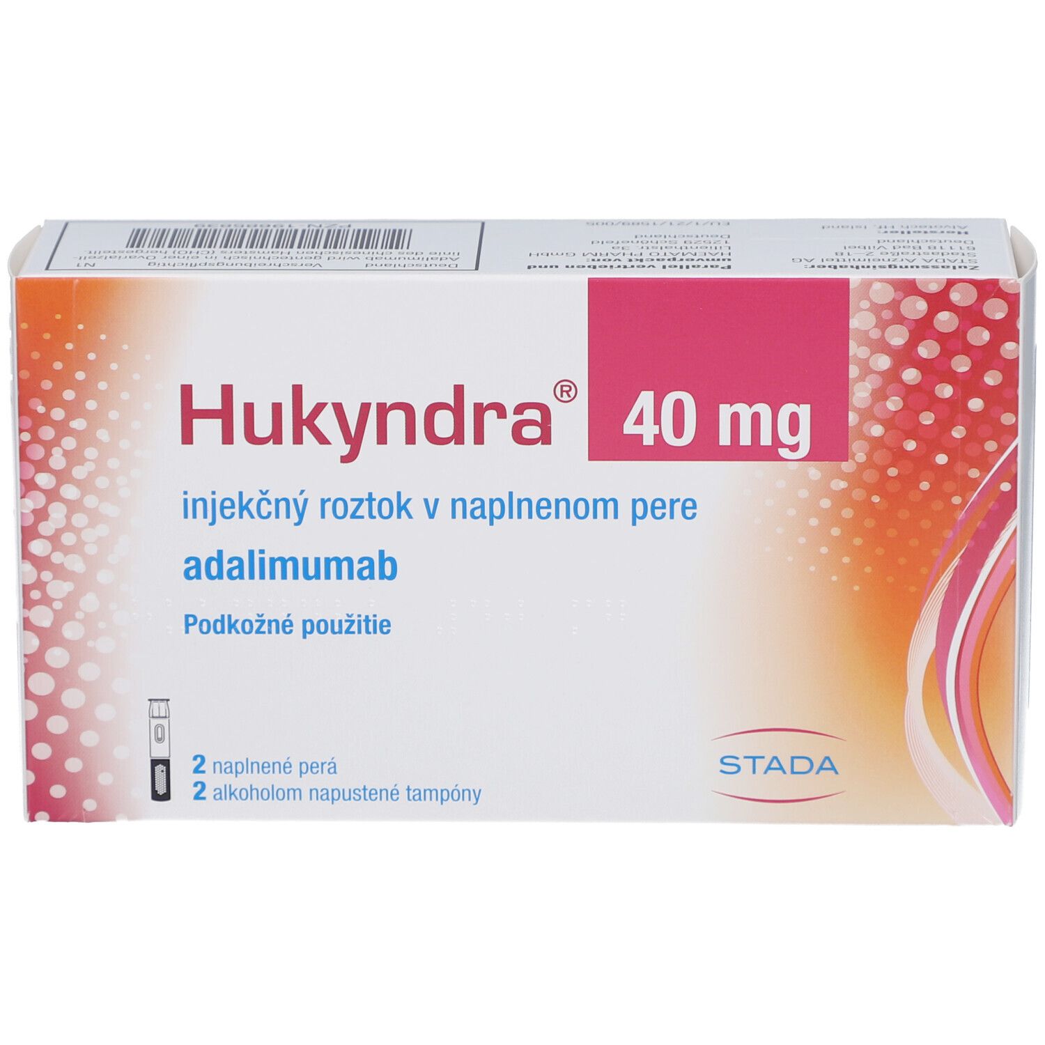 Hukyndra 40 mg Verpackung. Enthält zwei Fertigpens und Alkoholtupfer. Rosa und weiße Farbgebung mit Produktnamen.