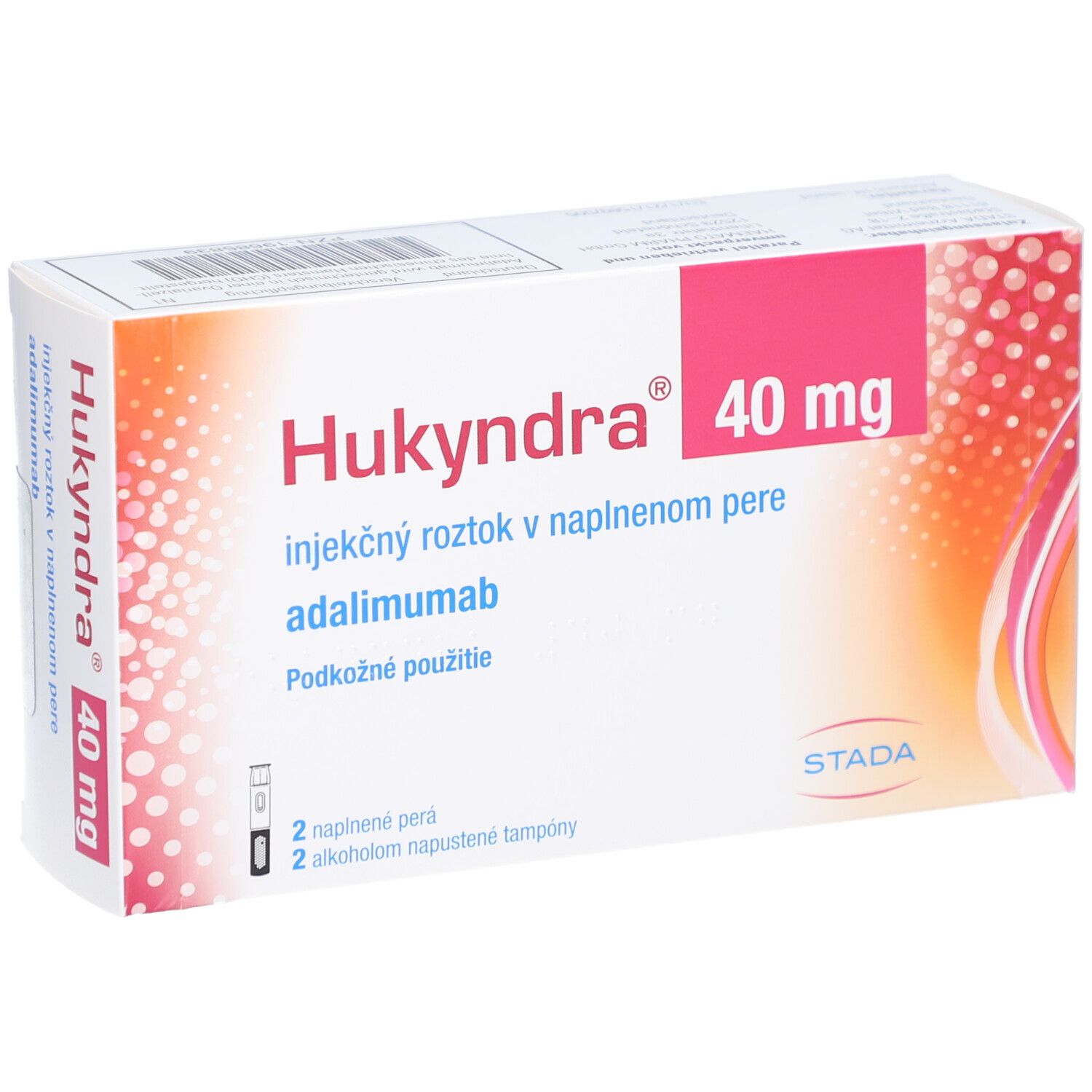 Hukyndra 40 mg Verpackung. Enthält zwei Fertigpens und Alkoholtupfer. Rosa und weiße Farbgebung mit Produktnamen.