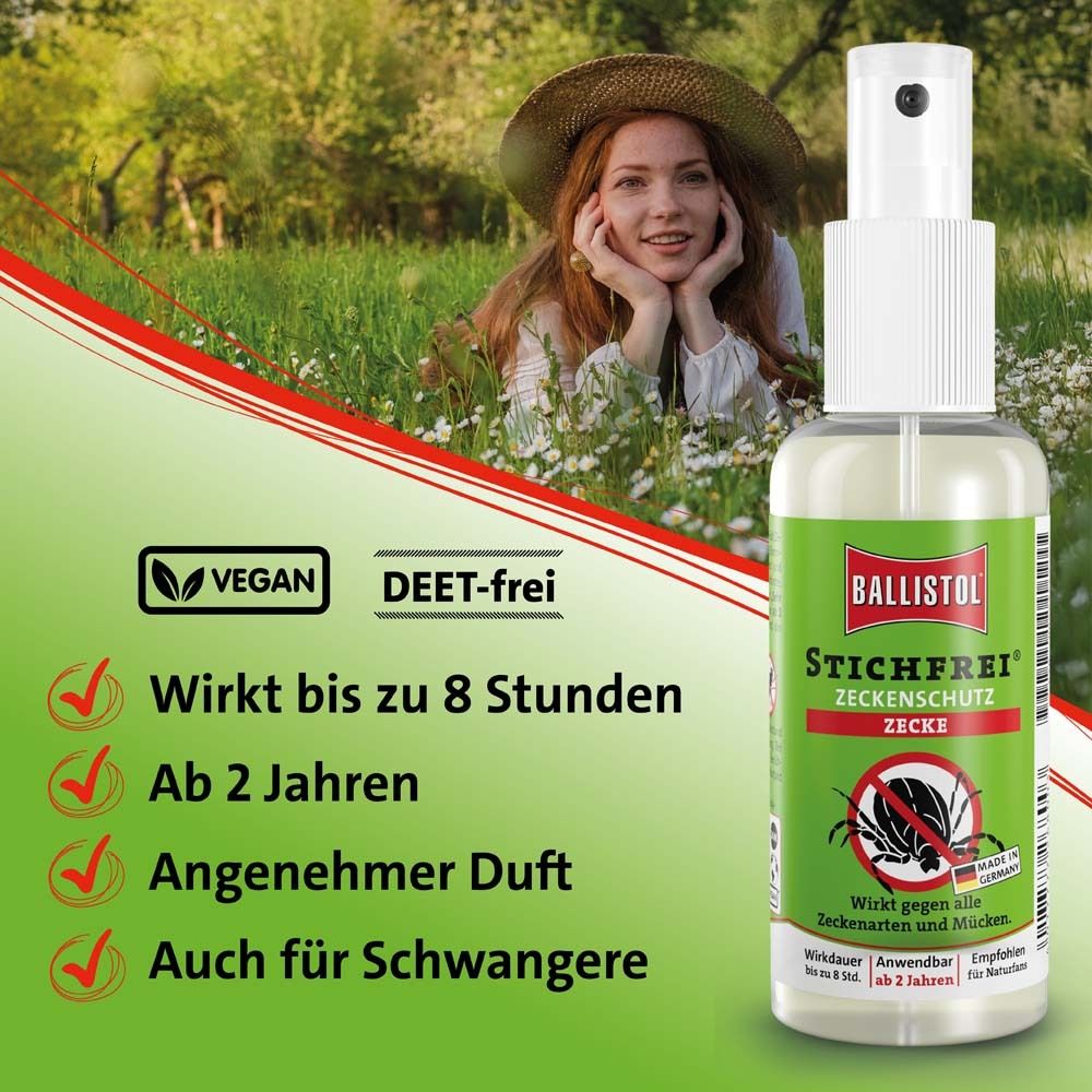 BALLISTOL Stichfrei Zeckenschutz Pumpspray. Flasche vor Hintergrund mit Frau im Gras. Text: Vegan, DEET-frei.