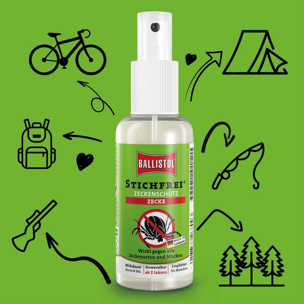 BALLISTOL Stichfrei Zeckenschutz Pumpspray. Flasche vor grünem Hintergrund mit Symbolen. Text: Zeckenschutz, Zecke.