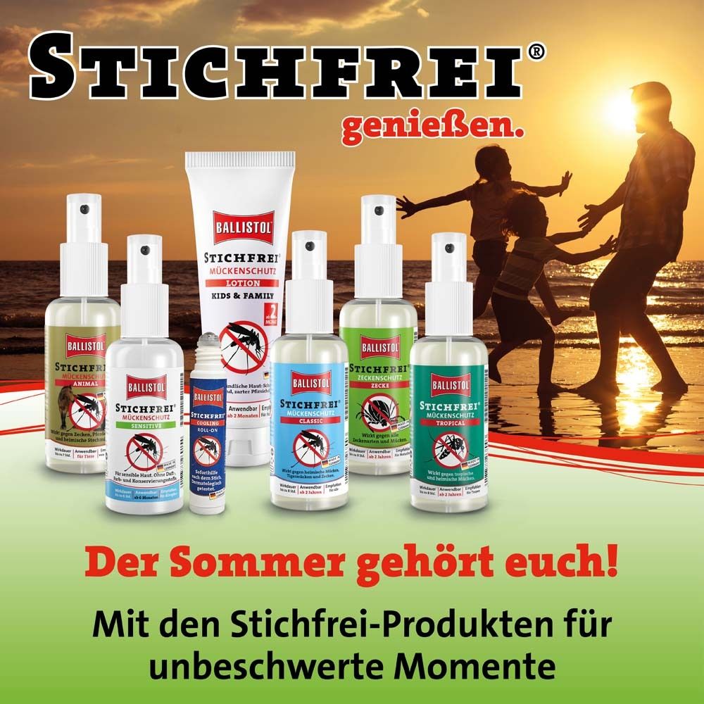 Verschiedene Stichfrei Produkte. Flaschen und Lotionen. Text: Stichfrei, Der Sommer gehört euch!