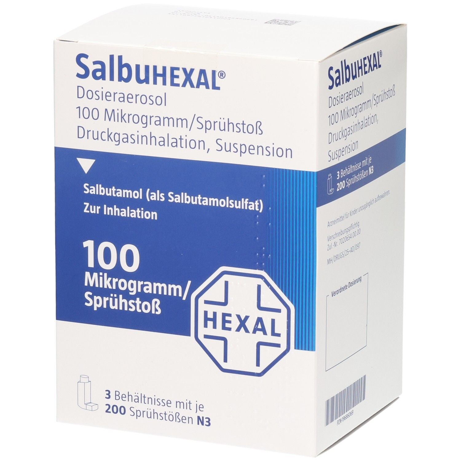 SalbuHEXAL Dosieraerosol: 100 Mikrogramm/Sprühstoß, 3 Behälter mit je 200 Sprühstößen.