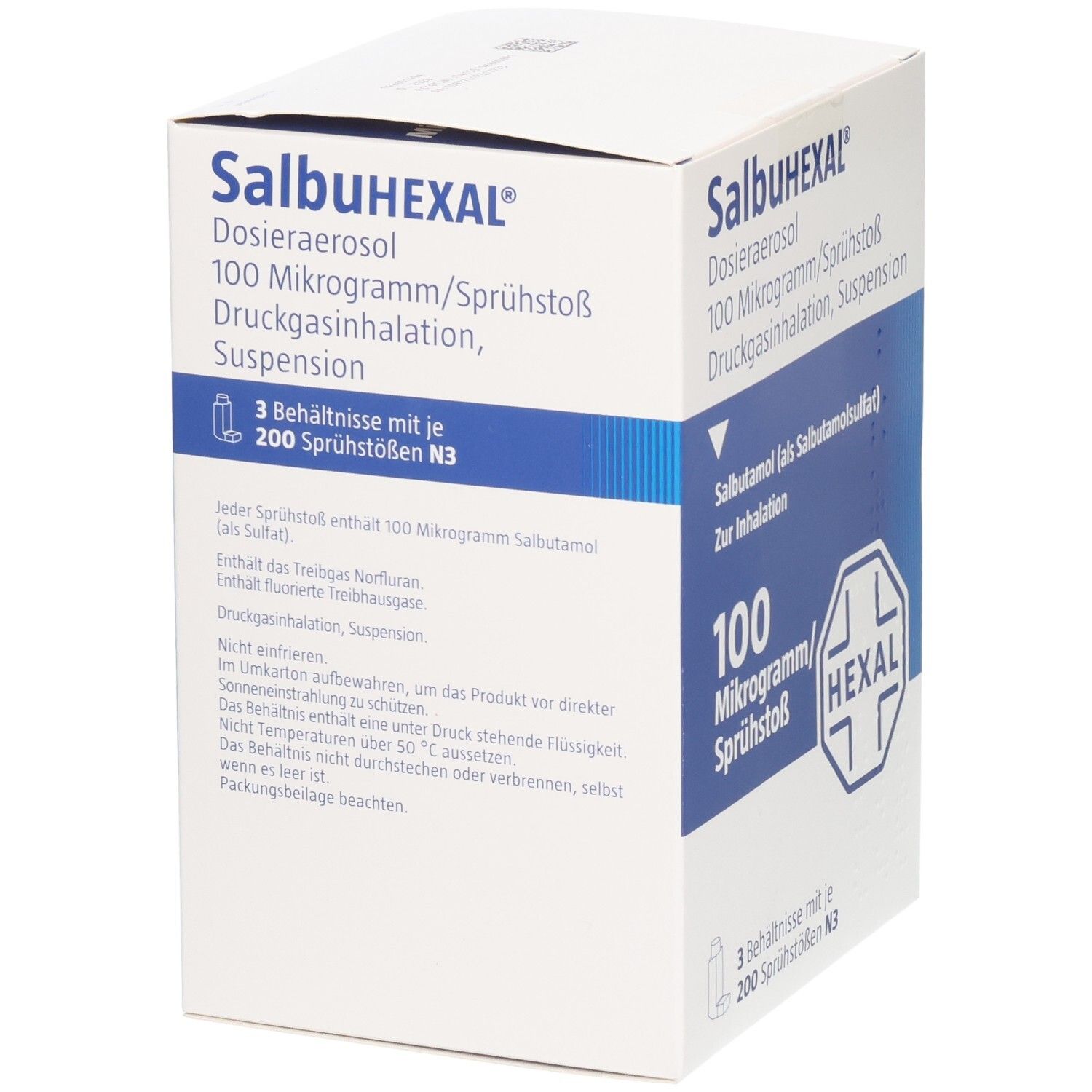 SalbuHEXAL Dosieraerosol: Rückseite mit Anwendungshinweisen und Inhaltsstoffen.