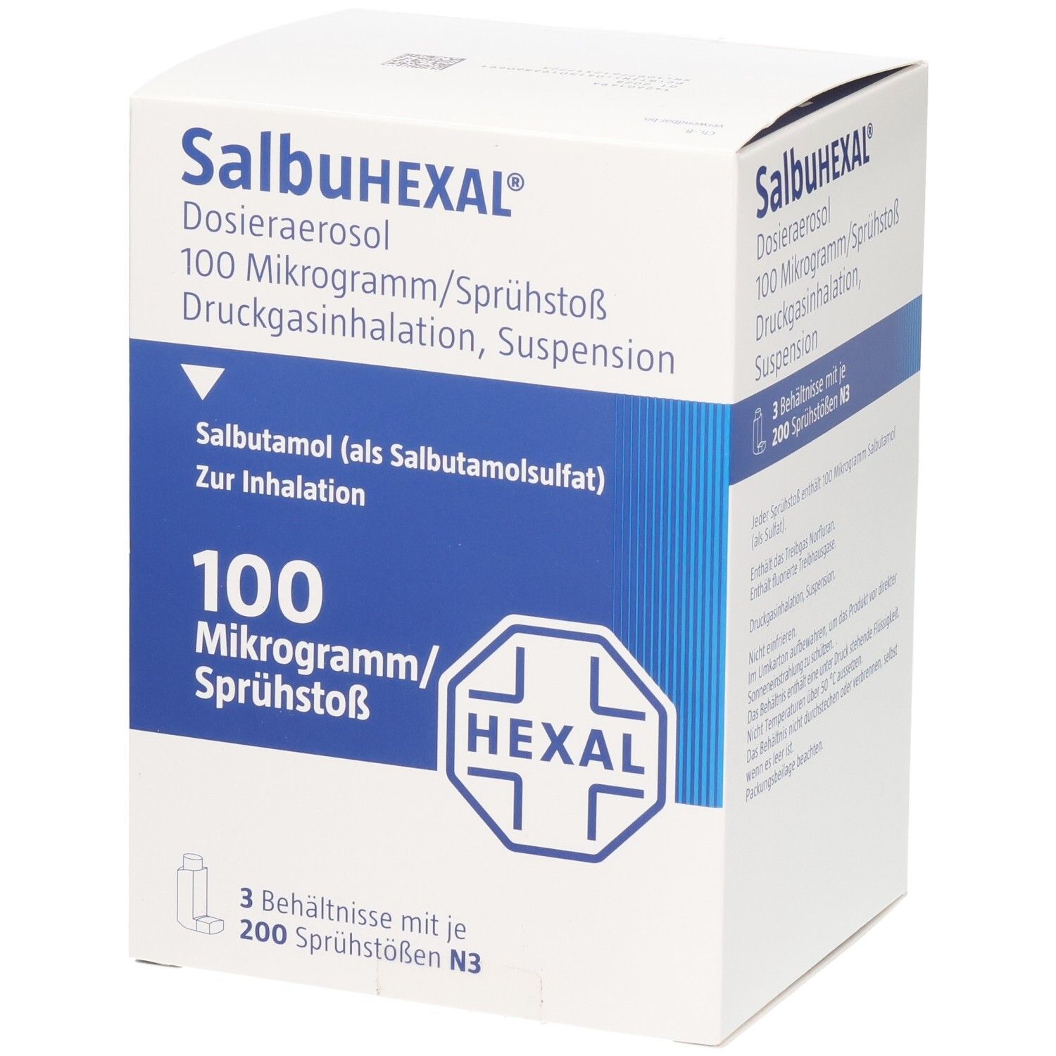 SalbuHEXAL Dosieraerosol: 100 Mikrogramm/Sprühstoß, 3 Behälter mit je 200 Sprühstößen.