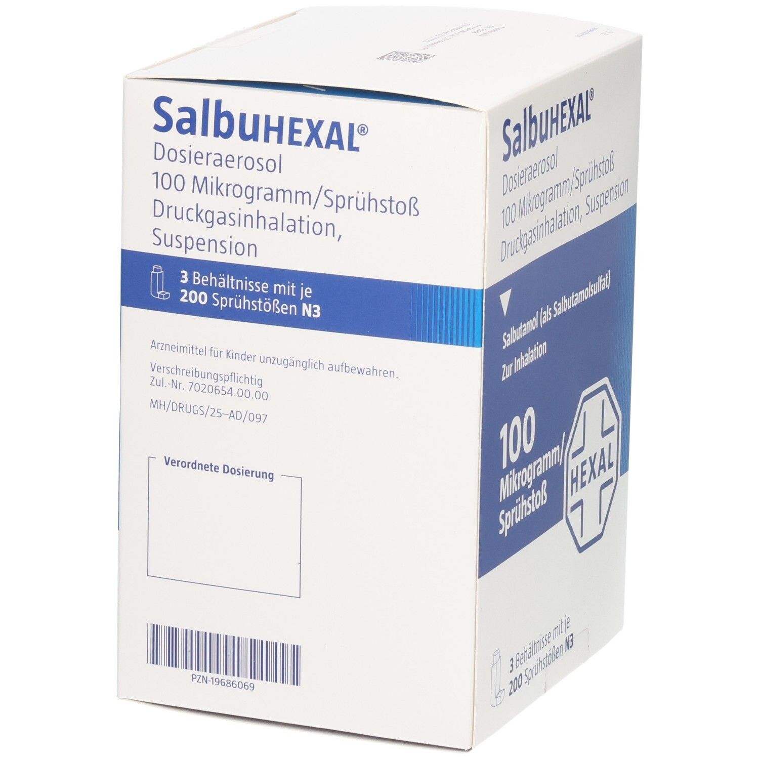 SalbuHEXAL Dosieraerosol: Vorderseite mit Dosierungsangaben und Hexal-Logo.