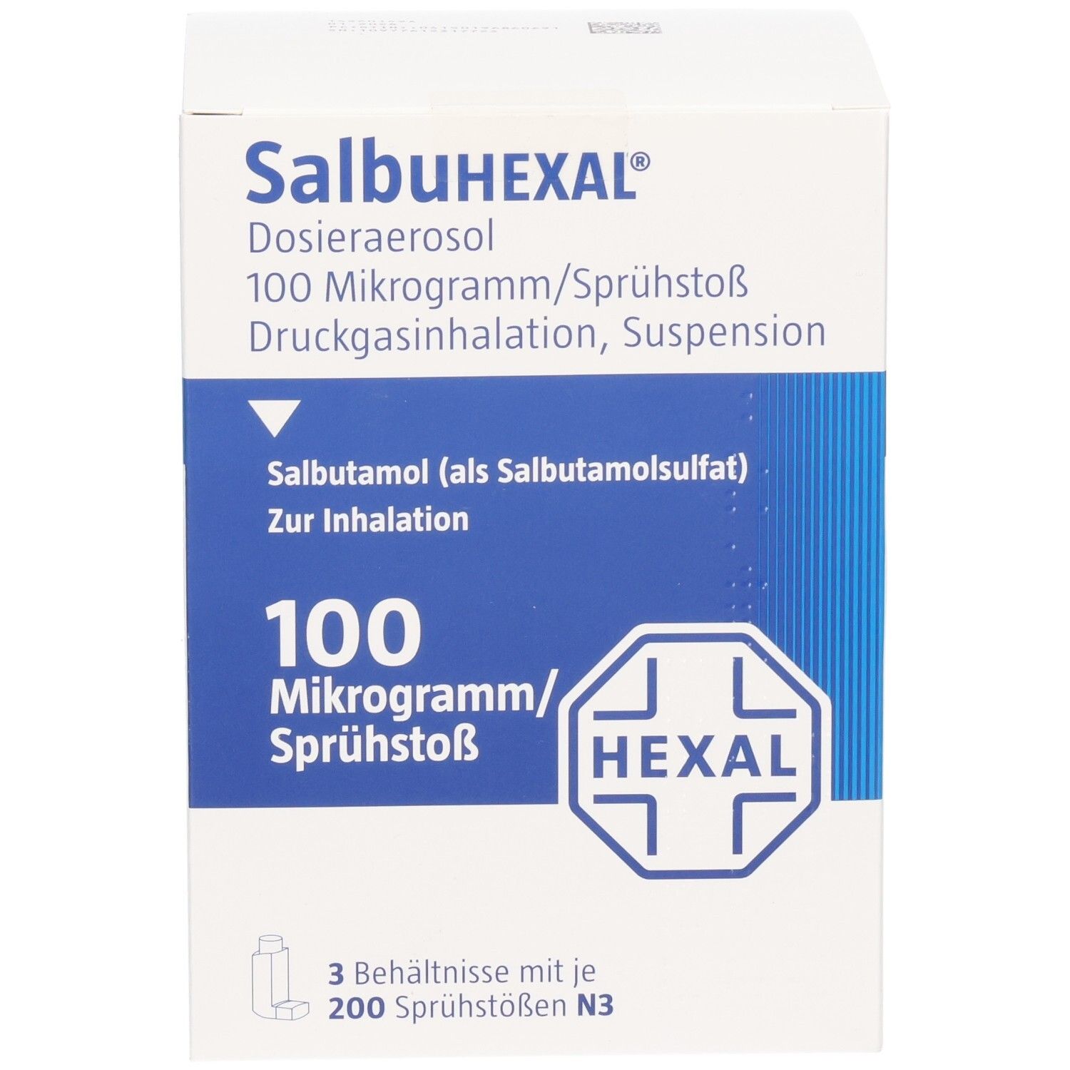SalbuHEXAL Dosieraerosol: 100 Mikrogramm/Sprühstoß, 3 Behälter mit je 200 Sprühstößen.
