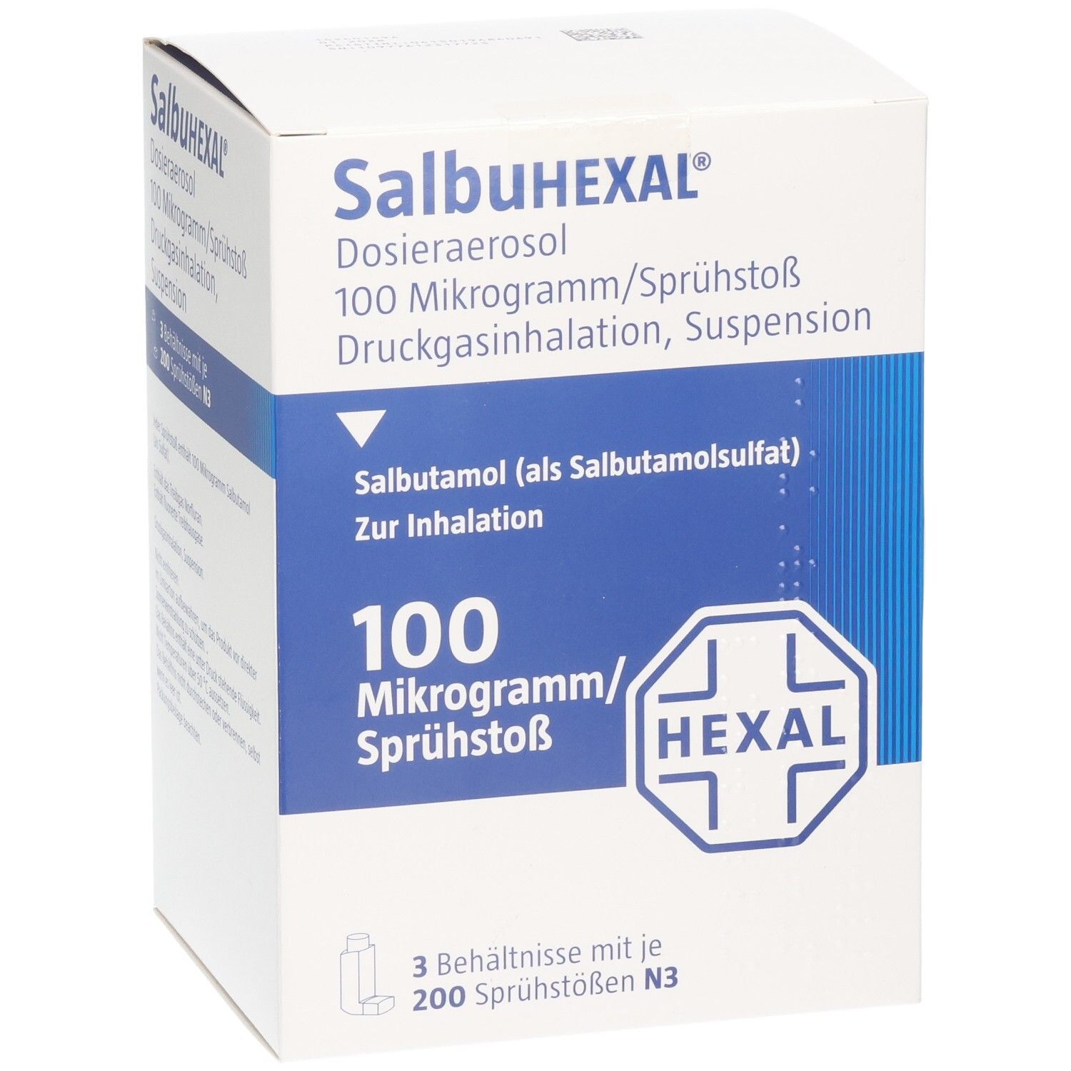 SalbuHEXAL Dosieraerosol: 100 Mikrogramm/Sprühstoß, 3 Behälter mit je 200 Sprühstößen.