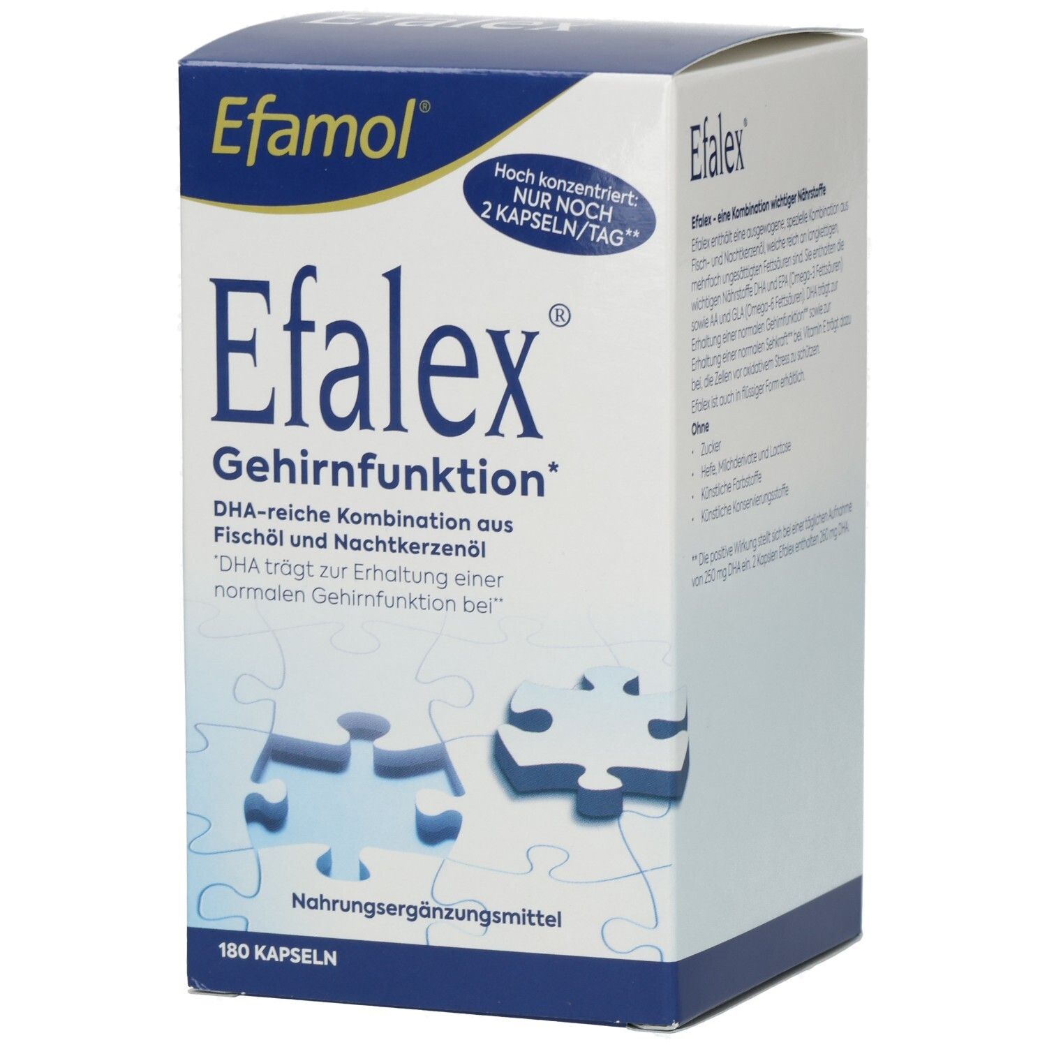 Efalex Gehirnfunktion Nahrungsergänzungsmittel-Verpackung mit 180 Kapseln, DHA-reiche Kombination aus Fischöl und Nachtkerzenöl.