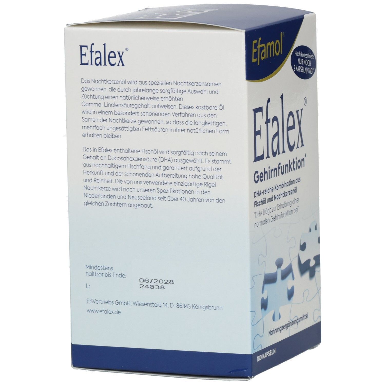 Rückseite der Efalex Gehirnfunktion Verpackung mit detaillierten Produktinformationen und Inhaltsstoffen.