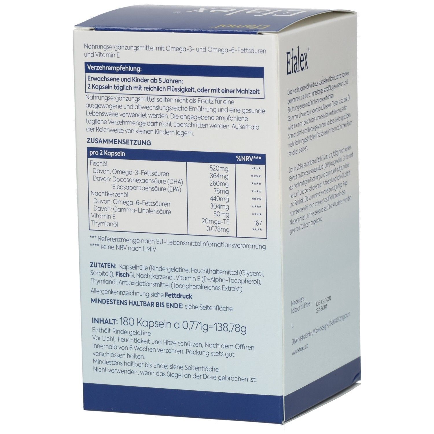 Seitenansicht der Efalex Gehirnfunktion Verpackung mit Nährwertangaben und Anwendungsempfehlungen.