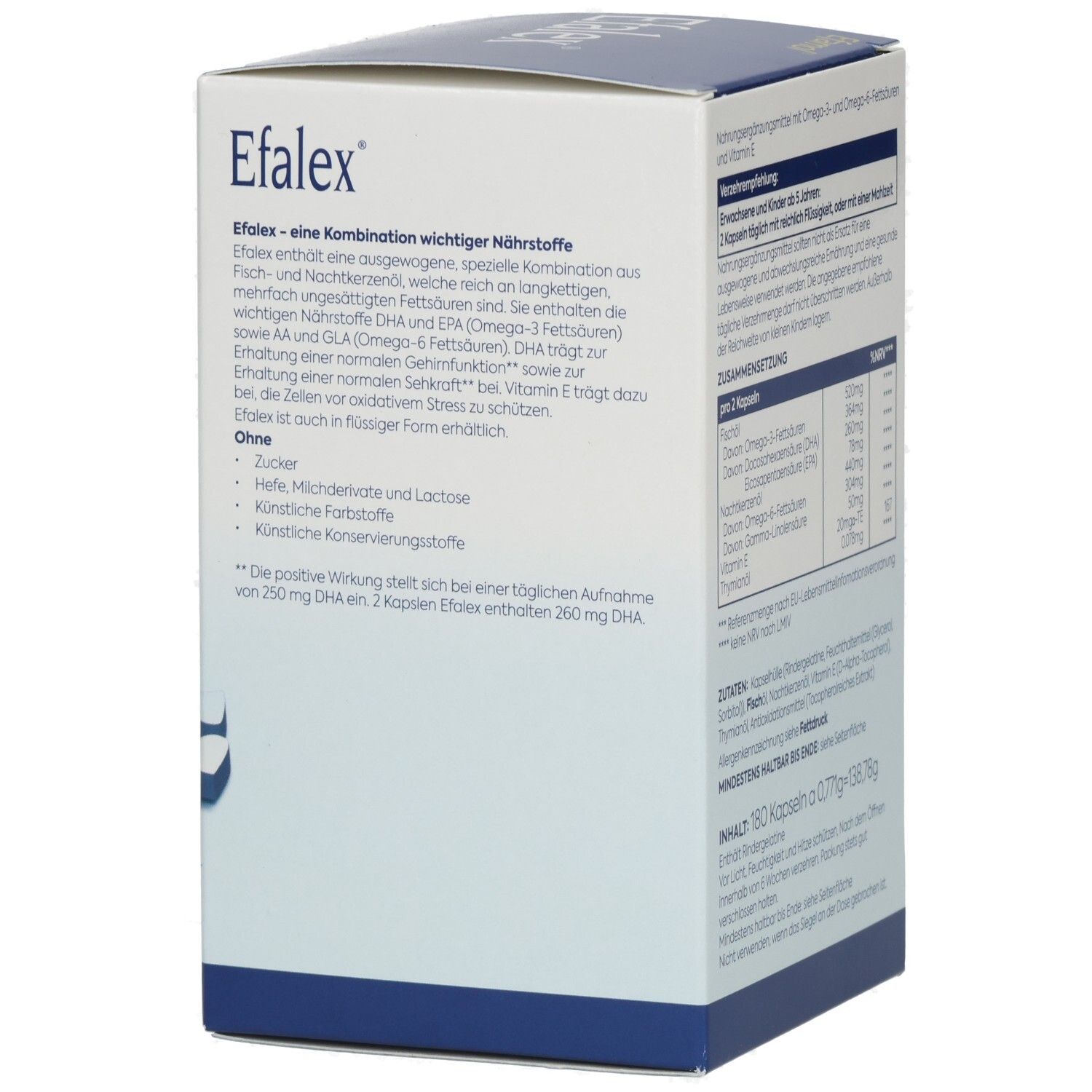 Andere Seitenansicht der Efalex Gehirnfunktion Verpackung mit Produktbeschreibung und Inhaltsstoffen.