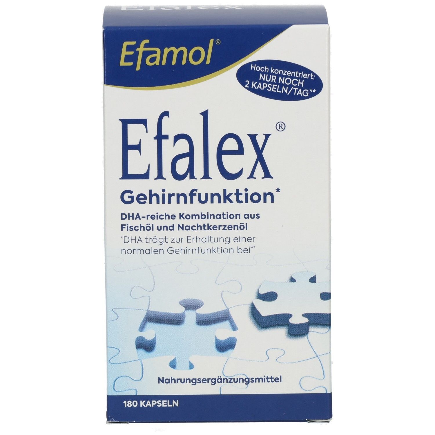 Vorderseite der Efalex Gehirnfunktion Verpackung, Fokus auf Produktname und Puzzle-Motiv.