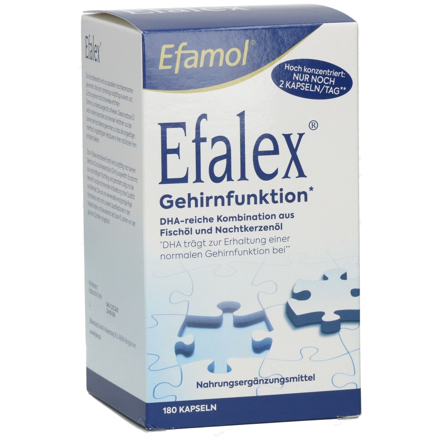 Efalex Gehirnfunktion Verpackung mit Hinweis 'Nur noch 2 Kapseln/Tag'.