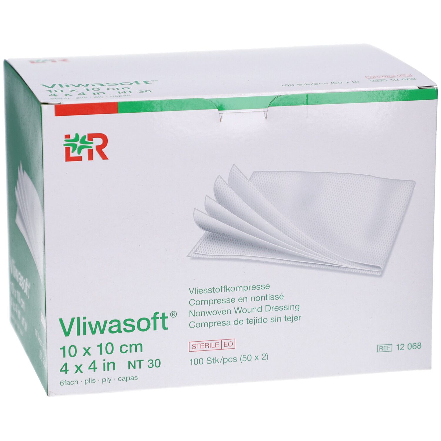 Vliwasoft Vliesstoffkompresse, 10 x 10 cm, steril. Weiße Kompressen in Verpackung. Verpackung mit weißem Hintergrund.