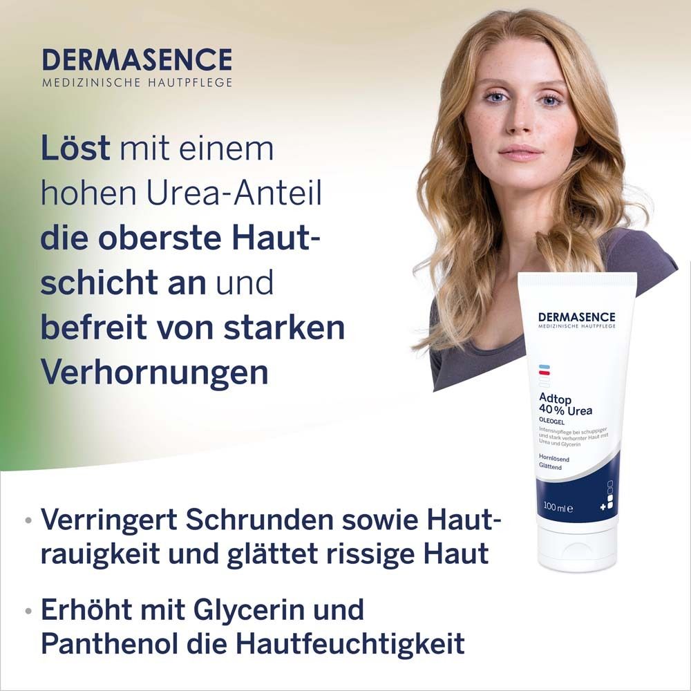 Frau mit Tube Dermasence Adtop 40% Urea Oleogel. Text: Löst mit hohem Urea-Anteil die oberste Hautschicht an.
