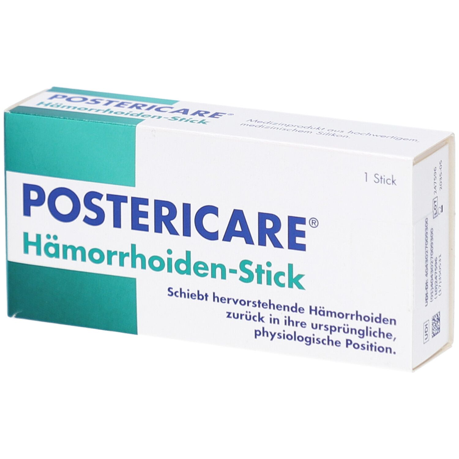 Weiße Schachtel mit grünem Streifen. Aufschrift POSTERICARE Hämorrhoiden-Stick. 1 Stick.