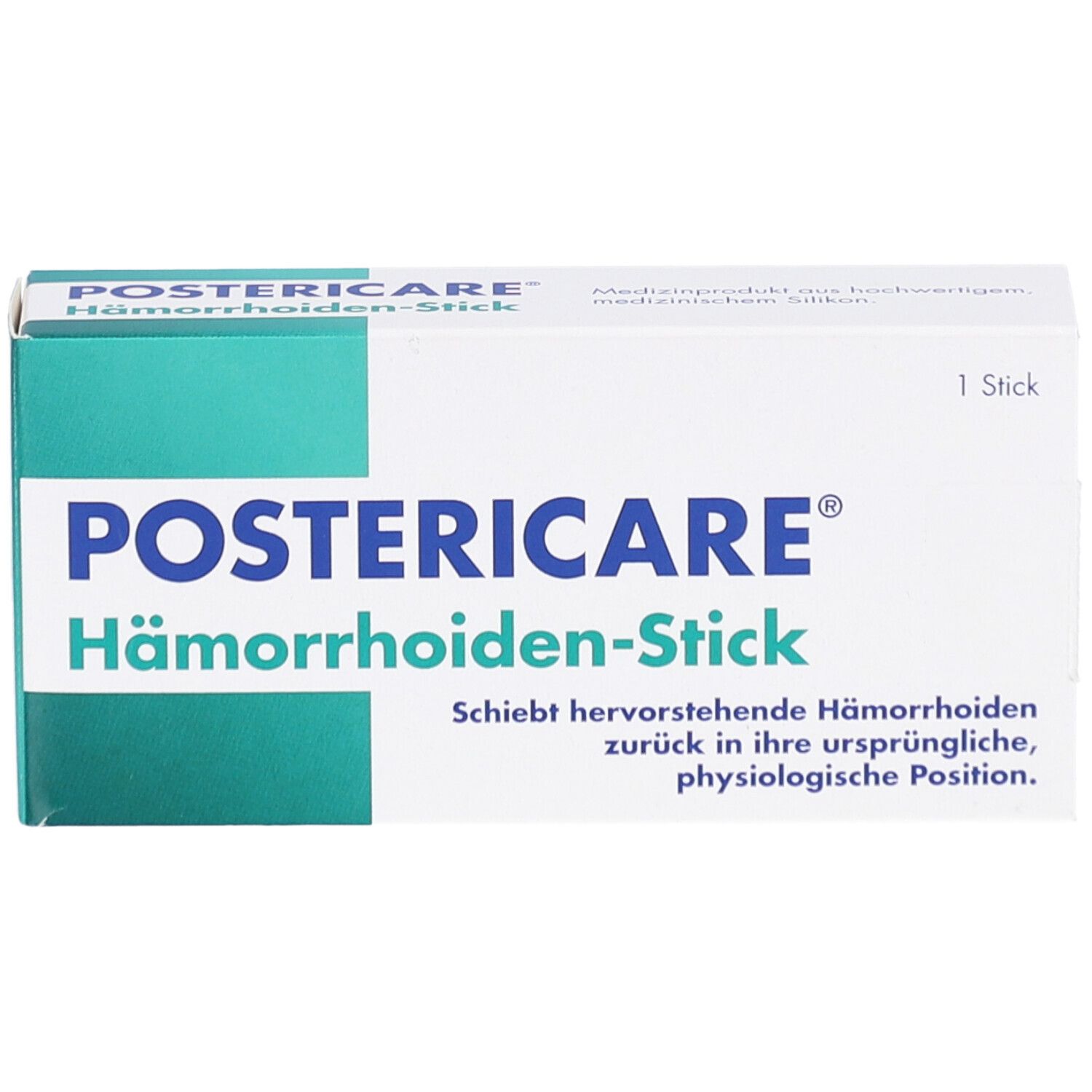 Weiße Schachtel mit grünem Streifen. Aufschrift POSTERICARE Hämorrhoiden-Stick. 1 Stick.
